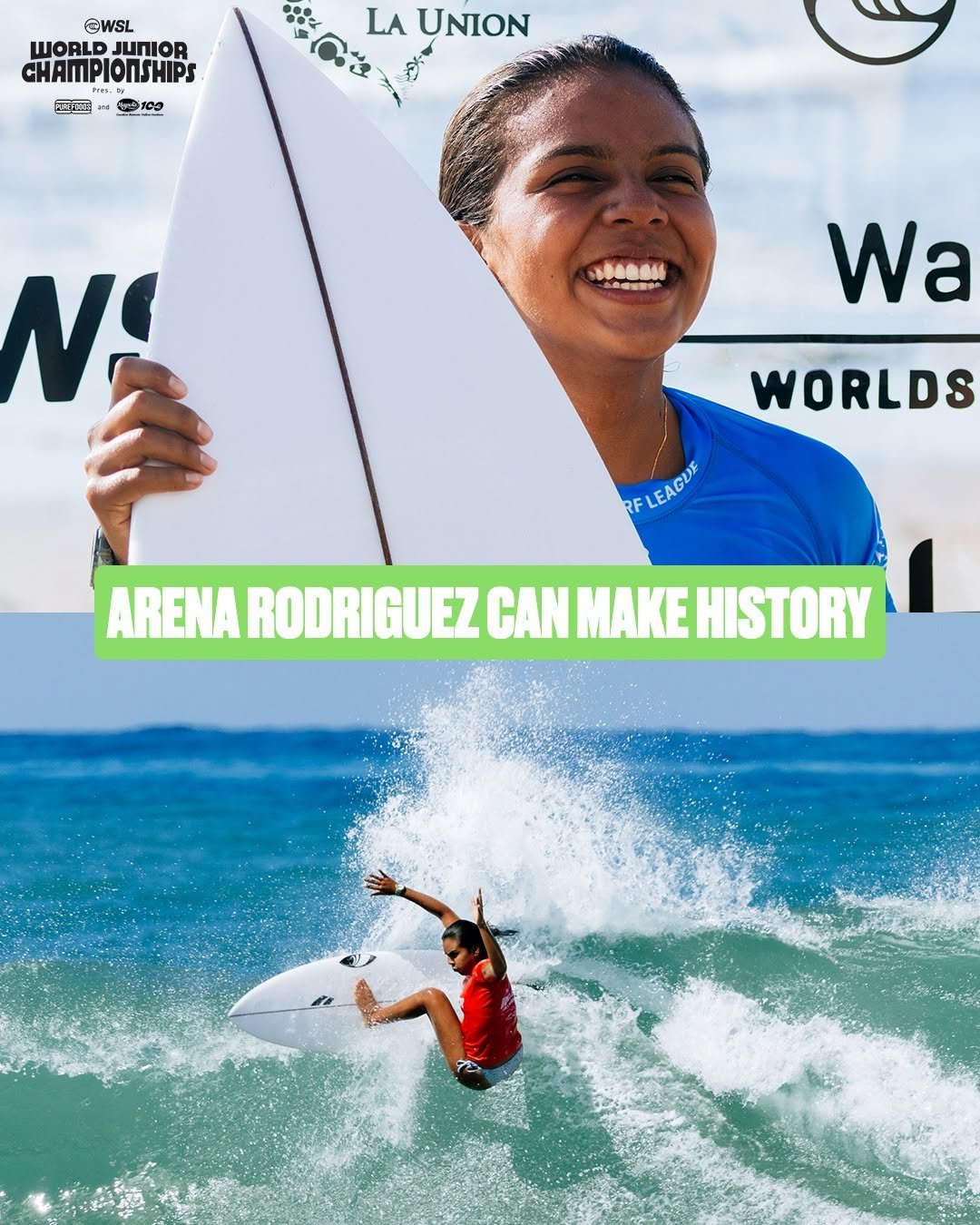 Photo by World Surf League on January 06, 2026. May be an image of surfboard, water and text that says '… ©WSL WORLD JUNIOR CHAMPIONSHIPS IPS F hm. 国県 24 LA UNION AOS 100 S0OGGU RONTN N Wa WORLDS RF LEAGUE ARENA RODRIGUEZ CAN MAKE RODRIGUEZCANMAKEHISTORY HISTORY'.