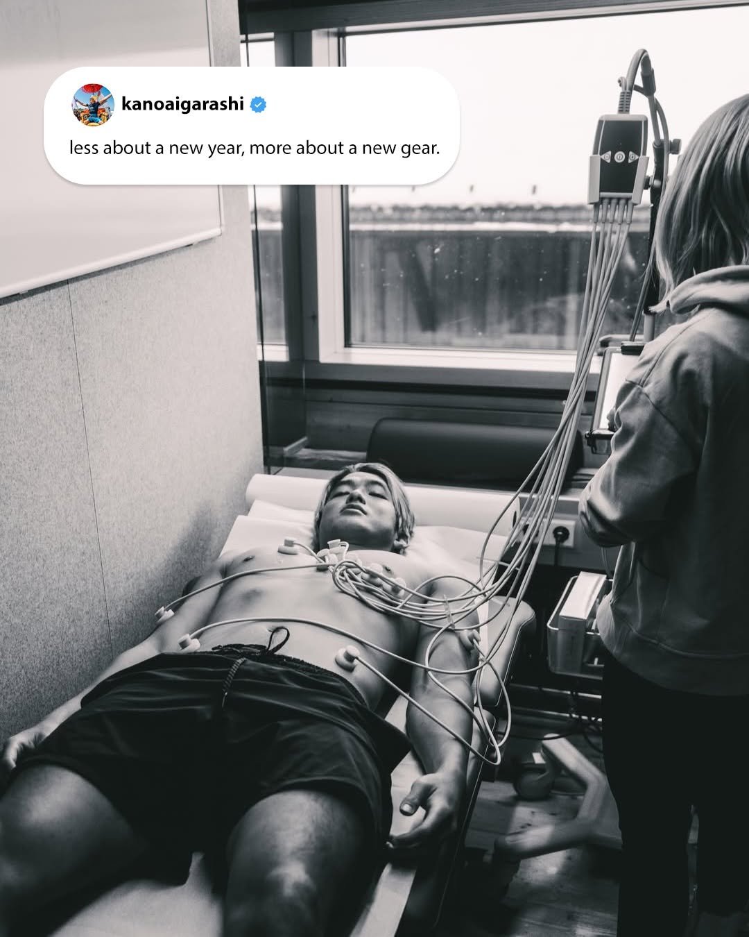 Photo shared by World Surf League on February 20, 2026 tagging @kanoaigarashi. May be an image of acupuncture, hospital and text that says 'kanoaigarashi less about a new year, more about new gear. ム＠ THT'.