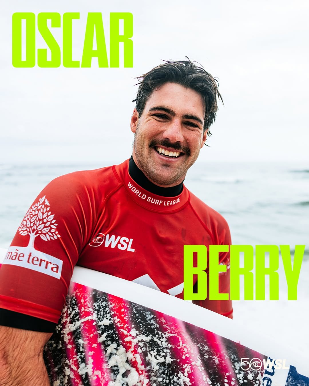 Photo shared by World Surf League on April 27, 2026 tagging @oscarberry123. May be an image of surfboard, wetsuit and text that says 'OSCAR HORLOSUIF.CLO WORLD WORLD SURF EAGUE SWSL ©WSL nãe eterra terra BERRY'.