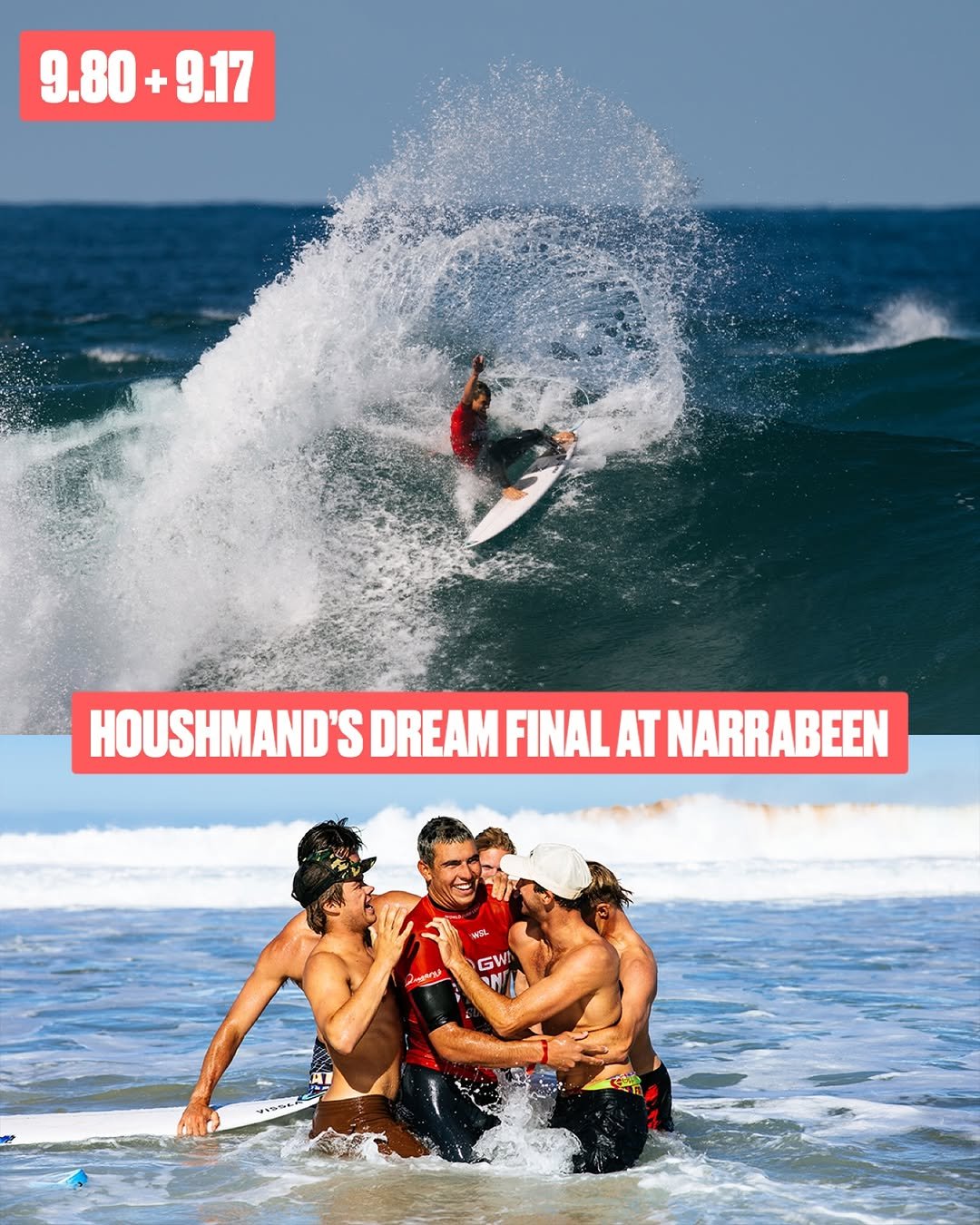 Photo shared by World Surf League on February 22, 2026 tagging @cole_houshmand. May be an image of surfboard, wetsuit, water, ocean and text.