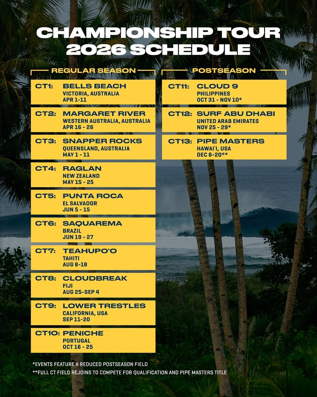 wsl 게시물 이미지: 🚨 Updated 2026 Championship Tour schedule.

A...