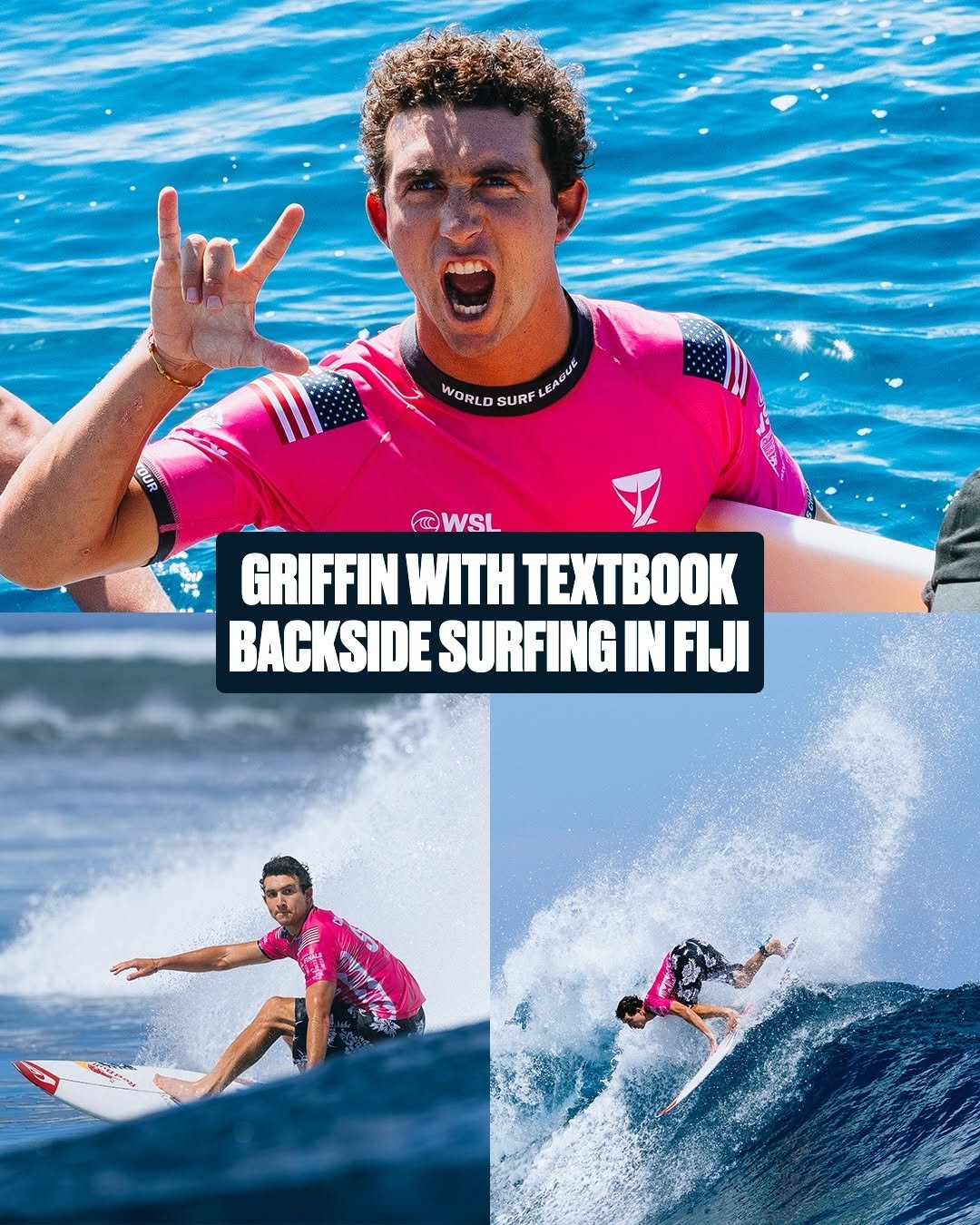 Photo by World Surf League on January 06, 2026. May be an image of surfboard, wetsuit, poster, water and text that says 'WORLD WORLDSURFLEAD SURF WSL GRIFFIN GRIFFINWITHTEXTBOOK WITH TEXTBOOK BACKSIDE SURFING IN GINFIJI FIJI'.