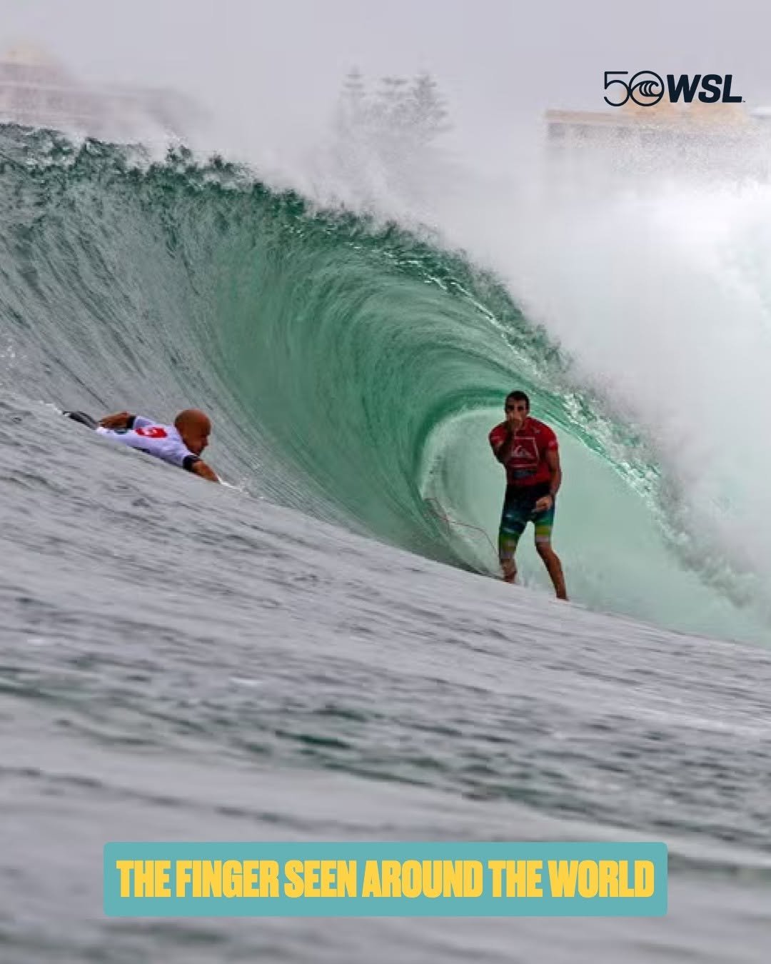 Photo shared by World Surf League on April 27, 2026 tagging @kellyslater, and @joelparko. May be an image of surfboard, water, ocean and text that says '5@WSL THEFINGER SEEN AROUND THEWORLD'.