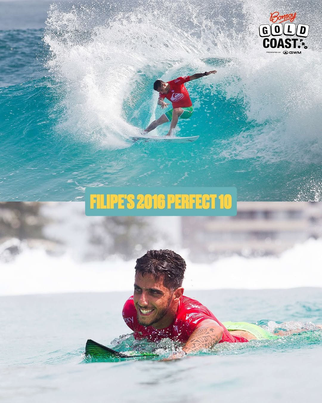 Photo by World Surf League on April 27, 2026. May be an image of surfboard, water and text that says 'GOLD COAST.. IMIDTTA DOWM FILIPES2016PERFECT10 FILIPE'S2 2016 PERFECT 10'.