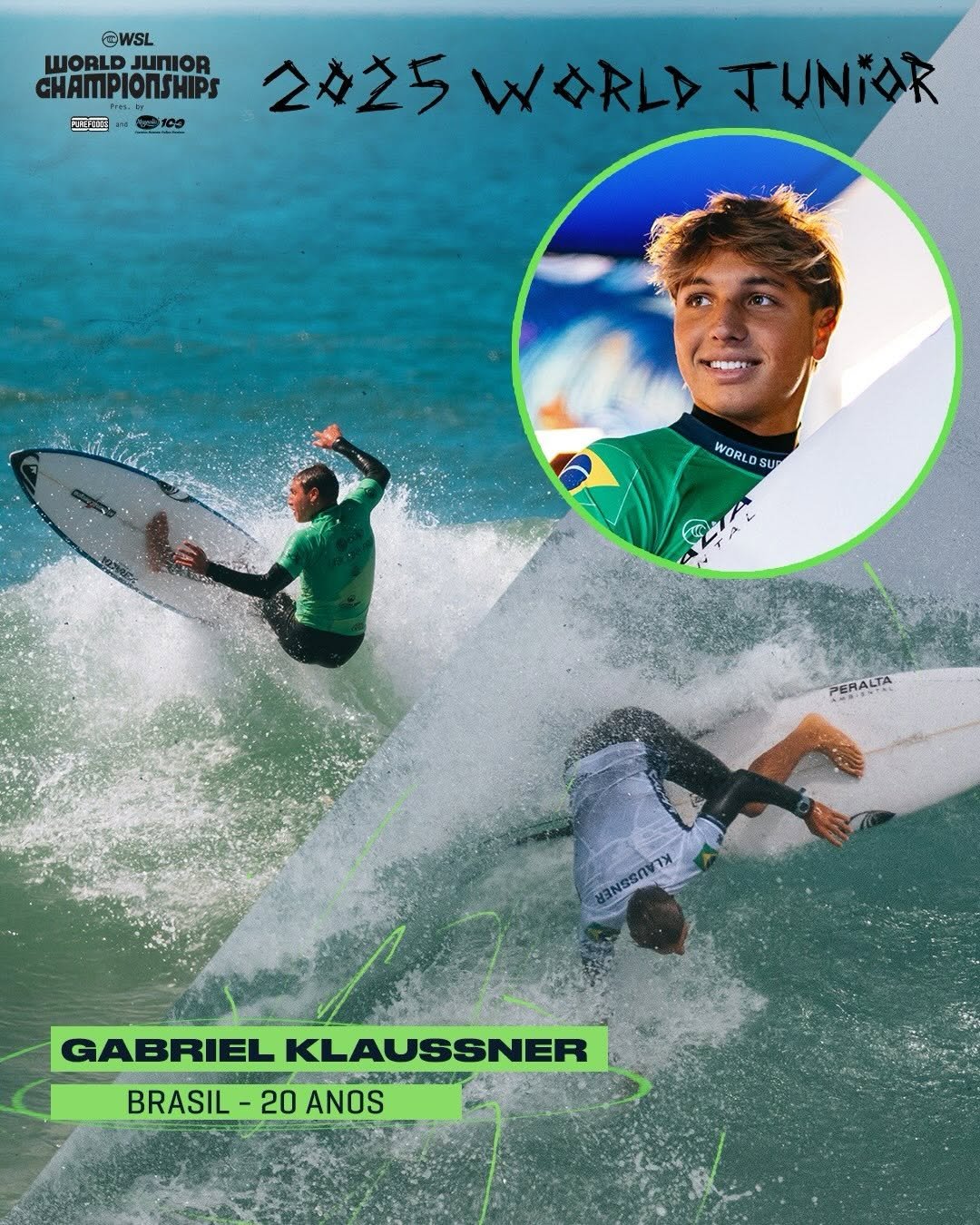 Photo shared by World Surf League Brasil on January 06, 2026 tagging @wsl, and @gabriel_klaussner. May be an image of surfboard, poster, wetsuit, magazine, water and text that says '@WSL WORLD WORLDJUNIOR JUNIOR mPlonSHIPS 网面网 PIC0 100 2ル25 WORLA JUNIAR Mp04 WORLD DS SU PERALTA CA GABRIEL KLAUSSNER BRASIL- BRASIL-20AN0 品鮮港.電展 20 ANOS'.