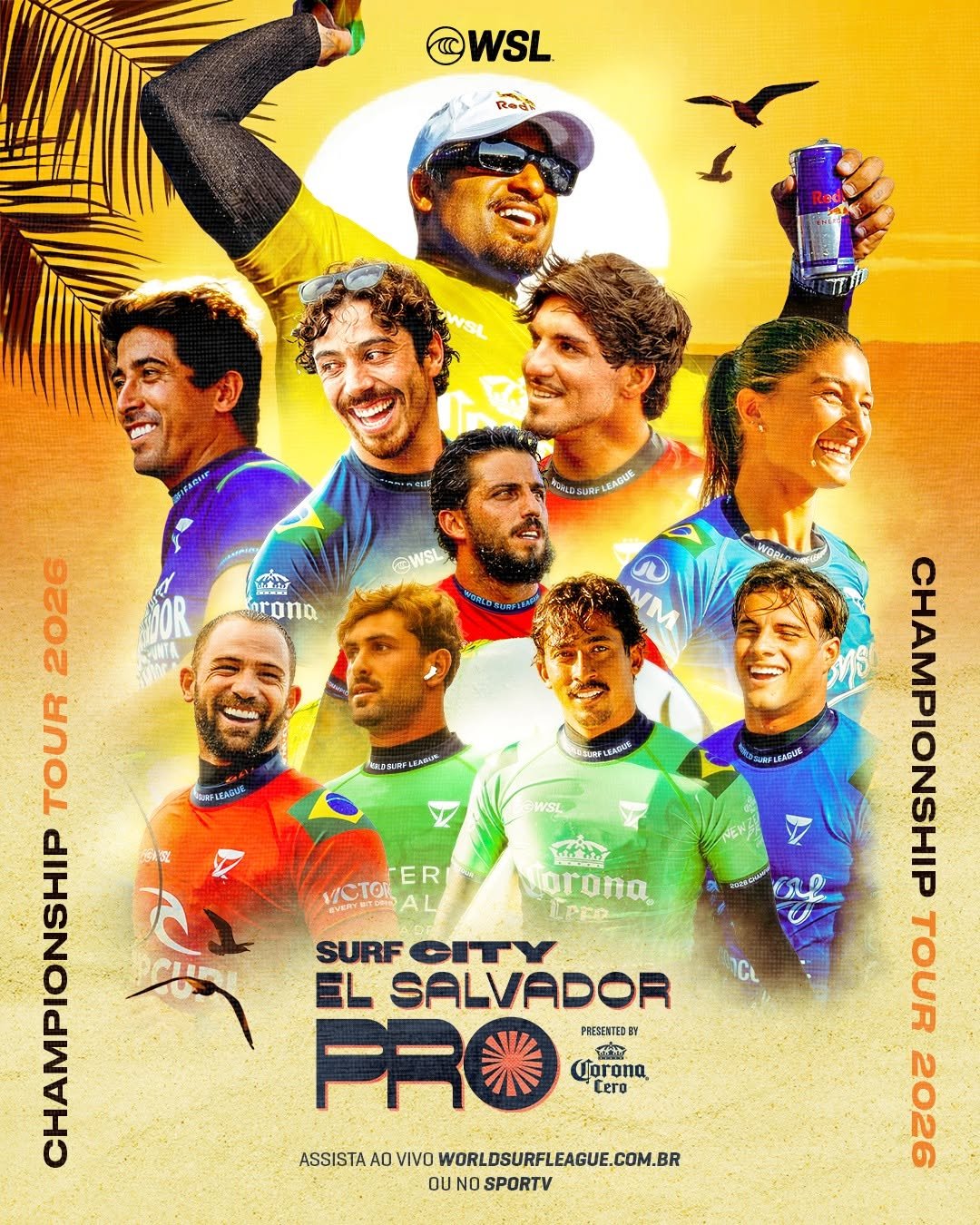 A colorful, vibrant image featuring a group of smiling surfers wearing branded surfing gear, with a large logo and text promoting an upcoming surfing competition in El Salvador.