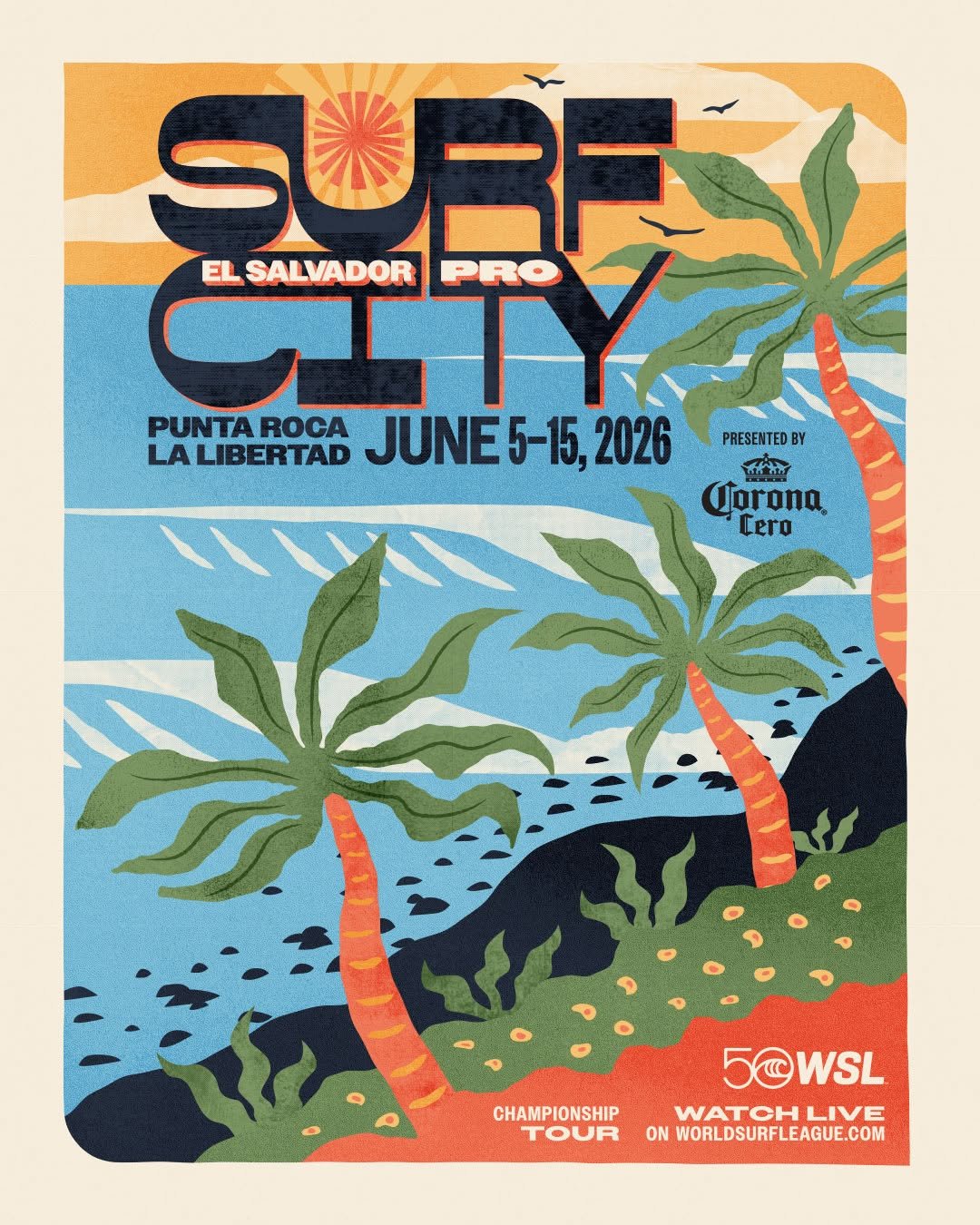 The image depicts a colorful promotional poster for a surfing competition called "Surf City" to be held in Punta Roca, El Salvador from June 5-15, 2026, featuring tropical foliage and marine life.