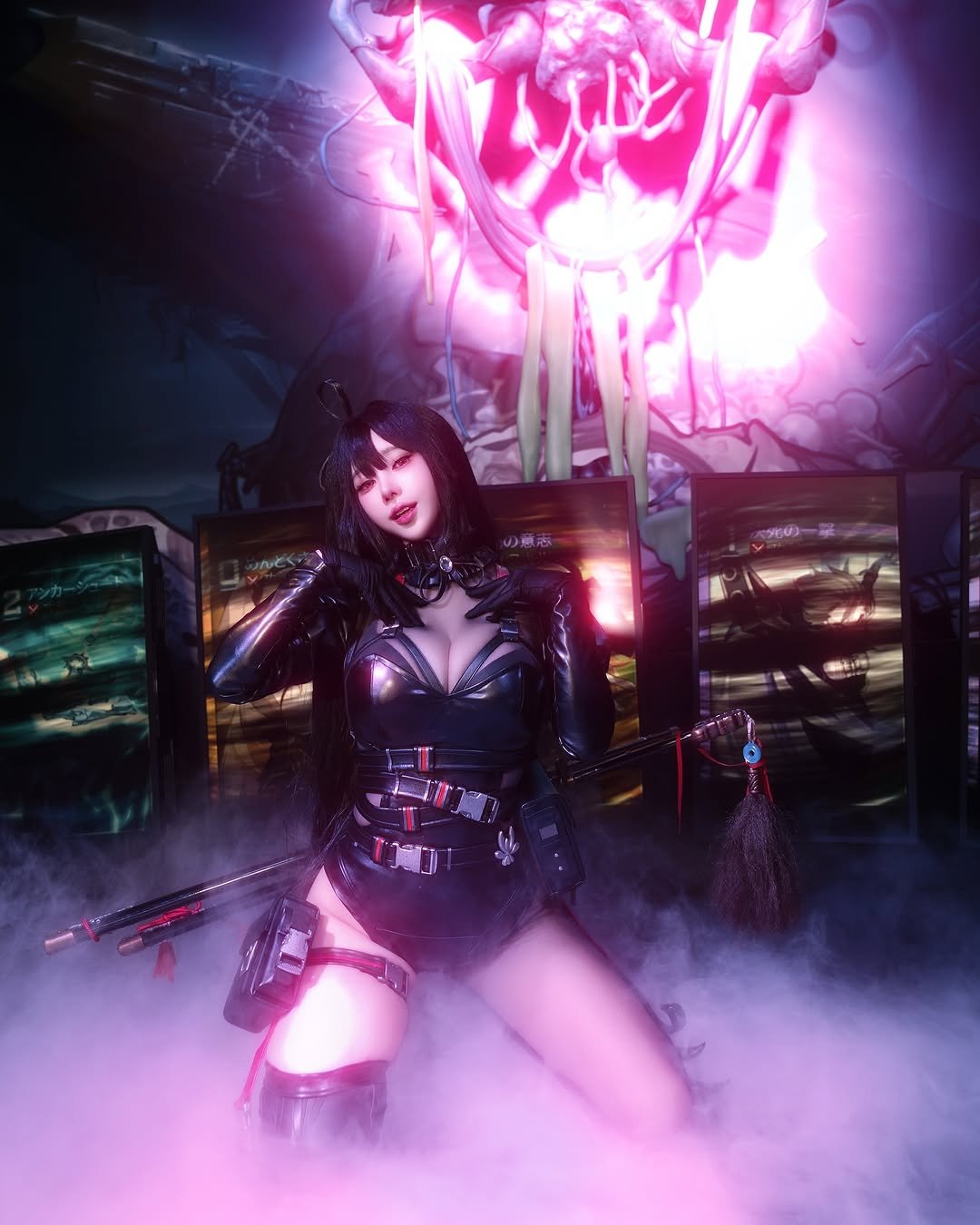 Photo shared by Song Joo A on September 27, 2025 tagging @_ray_wing_. May be a video game screenshot of 1 person, headdress, gas mask, costume, glasses and text.