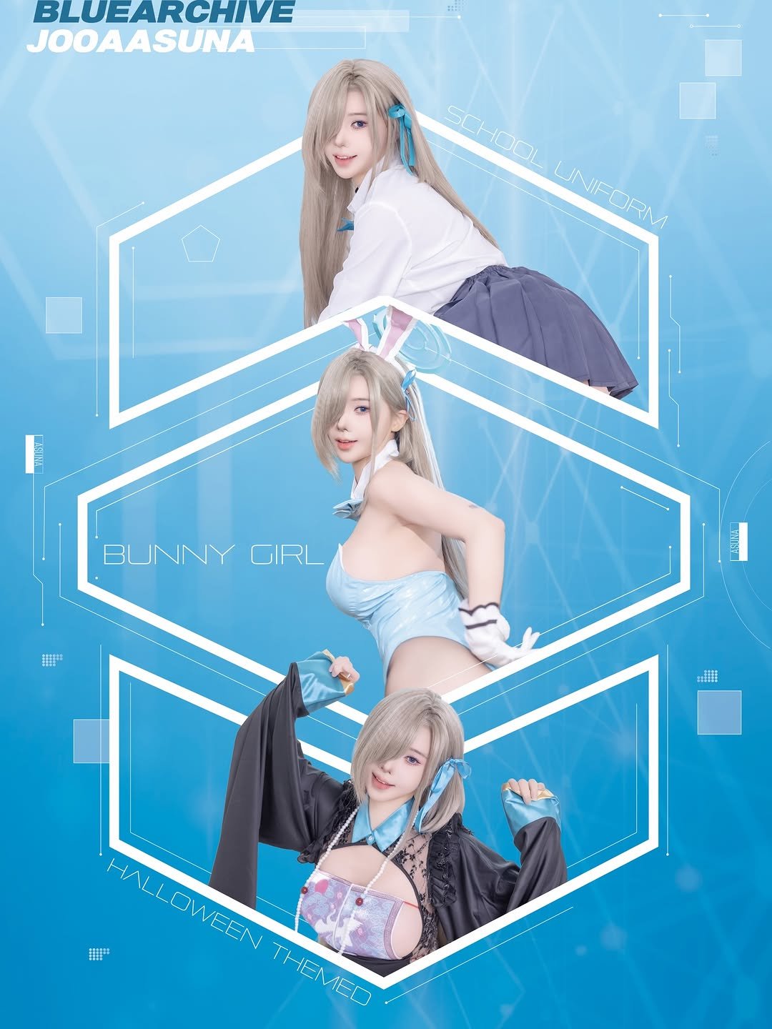 Photo by Joo A on April 05, 2026. May be an anime-style image of poster, costume and text that says 'BLUEARCHIVE JOOAASUNA ECHOOI SCHOOL UNIFORM LINFOEM UNIF 新 BUNNY BUNNYGRL GIRL 出. !井 HALLOWEEN PANLOINEE NEEN THEMED AED THEN'.