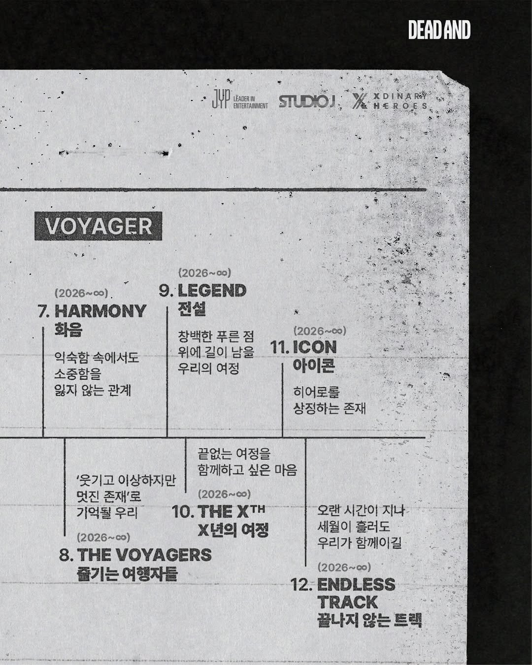 Photo by Xdinary Heroes on April 03, 2026. May be an image of blueprint, poster and text that says 'DEADAND AND DEAD y LEAQERNN ENTERTAIMMENT STUDIOJ XDINARY MHEROES VOYAGER (2026~00) 9. .LEGEND 전설 (2026~00). 7. HARMONY 화음 익숙함 익숙함속에서도 속에서도 소중함을 잃지 않는 관계 창백한 푸른점 점 위에 길이 길이남윤 남울 우리의 여정 (2026~00) ~00) 11.ICON 아이콘 히어로를 상정하는 존재 끝없는 여정을 함께하고 싶은 마음 '웃기고 이상하지만 멋진 존재'로 기억될 우리 (2026~00) 10. 10.ΤHExTH THE XTΗ (2026~00) X년의 여정 8. THE VOYAGERS 줄기는여행자들 오랜 시간이 지나 세월이 흘러도 우리가 함께이길 (2026~00) 12. ENDLESS TRACK 끝나지 않는트랙 트랙 않는'.