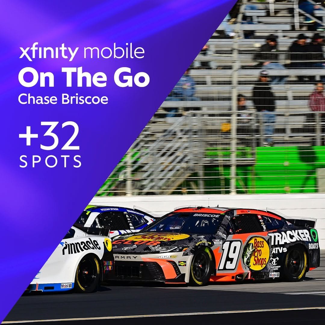 Photo shared by Xfinity Racing on February 23, 2026 tagging @joegibbsracing, and @chasebriscoe_. May be an image of racing vehicles, car and text.