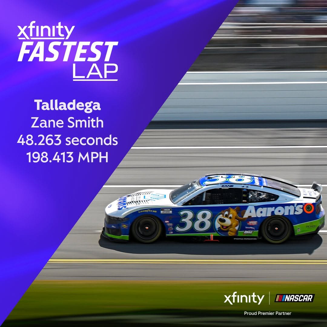 Photo shared by Xfinity Racing on April 26, 2026 tagging @zanesmith, and @teamfrm. May be an image of racing vehicles, race car and text that says 'xfinıty FASTEST LAP Talladega Zane Smith 48.263 48.263seconds seconds 198.413 MPH ลีพพยน TWYeim 마 38sAaronso 38€ Aaronso II HI NASCAR xfinıty Proud Premier ProudPremlerPartner Partner'.