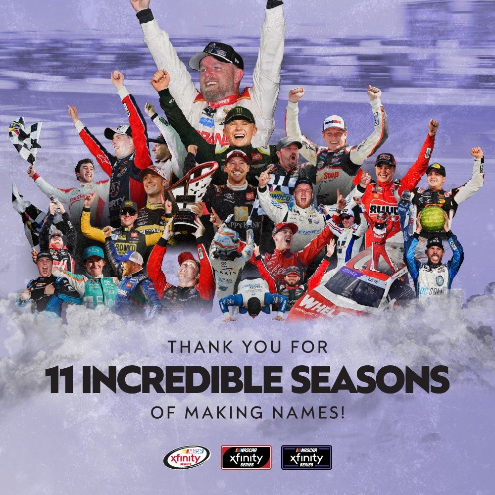 Photo shared by Xfinity Racing on October 29, 2025 tagging @nascar. May be an image of racing vehicles, standing and ski.