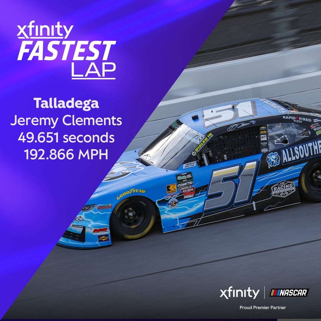 Photo shared by Xfinity Racing on April 25, 2026 tagging @jclements51, and @talladega. May be an image of racing vehicles and text.