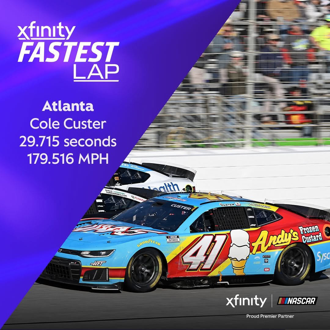Photo shared by Xfinity Racing on February 22, 2026 tagging @echoparkspeedway, @haasfactoryteam, and @colecuster. May be an image of racing vehicles, race car and text that says 'xfinıty FASTEST LAP Atlanta Cole Custer 29.715 seconds 179.516 MPH alth Scon AOn, CLOSTER CUETER โนก 분주 คุท 6OΘΡyrΑR HFT 新2ル 41 Andy's Custard Trozen Sysc HI NASCAR xfinıty Proud Premier Partner'.