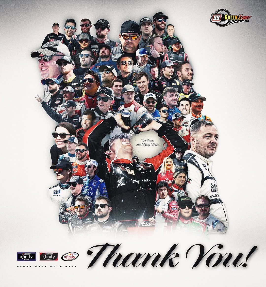 Photo shared by SS GreenLight Racing on November 06, 2025 tagging @xfinityracing, and @nascaronthecw. May be an image of standing, racing vehicles, banner, poster, flag and text.
