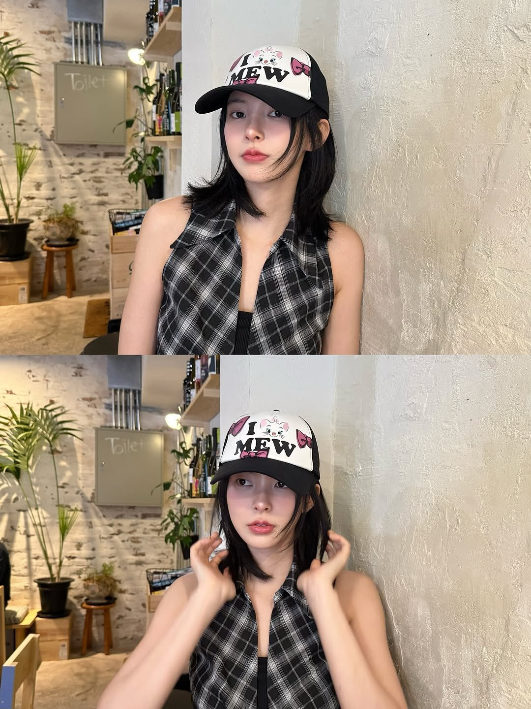 Photo by 신수현 on September 28, 2025. May be an image of 2 people, hair, hat, beret, top and text.