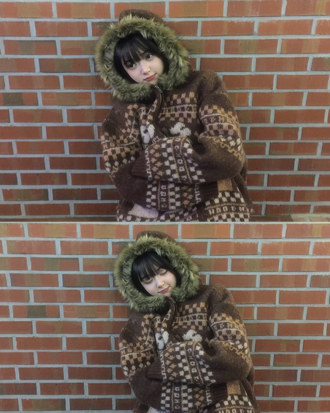 Photo shared by 안주미 on December 03, 2025 tagging @hoodhood_official. May be an image of sweater, fleece, fur, knit, cloak, parka, snowsuit, poncho and brick wall.