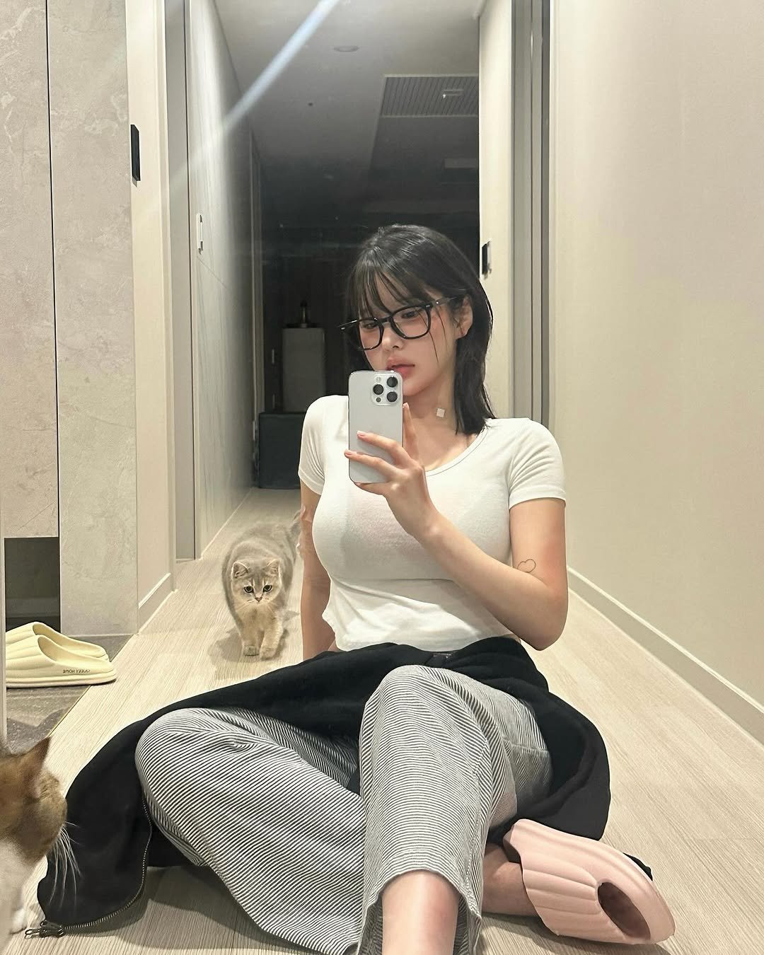 Photo by 유유 on November 04, 2025. May be a selfie of ragdoll cat, sweatpants and text.