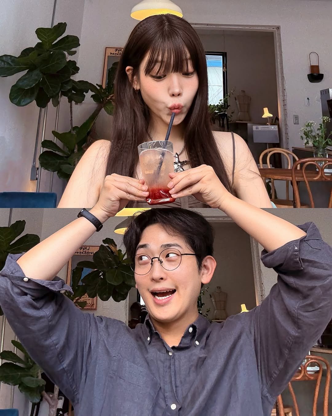 Photo shared by 해삐 on July 11, 2025 tagging @k2s89. May be an image of 1 person, hair, beaker, juice and text.