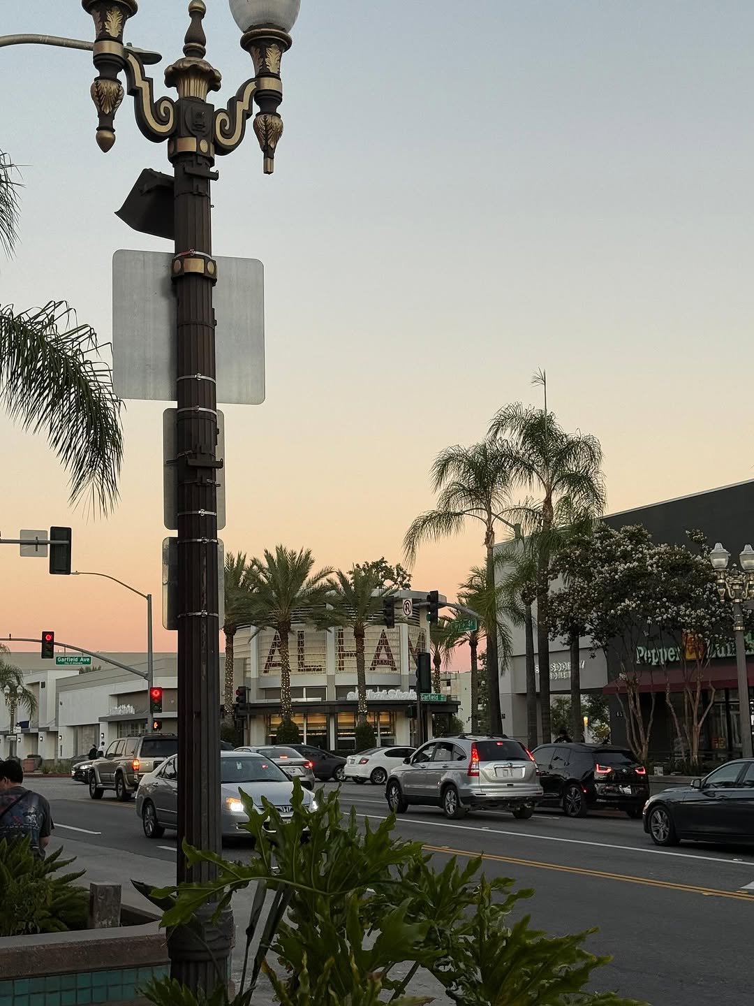 Photo by YOONCHAE JEUNG on September 26, 2025. May be an image of parking meter, twilight, street, lamppost, telephone pole, palm trees and text.