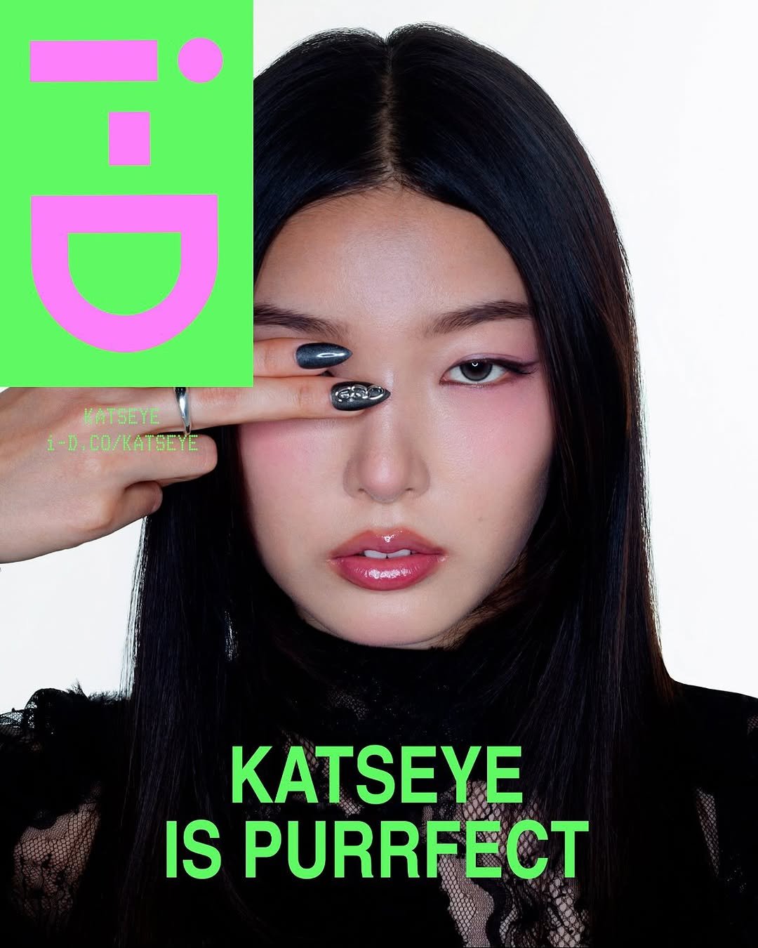 Photo by YOONCHAE JEUNG on October 02, 2025. May be an image of one or more people, makeup, hair, poster, magazine and text that says 'KATSEYE i-D.CO/KATSEYE き酒ゆ中 KATSEYE IS PURRFECT'.