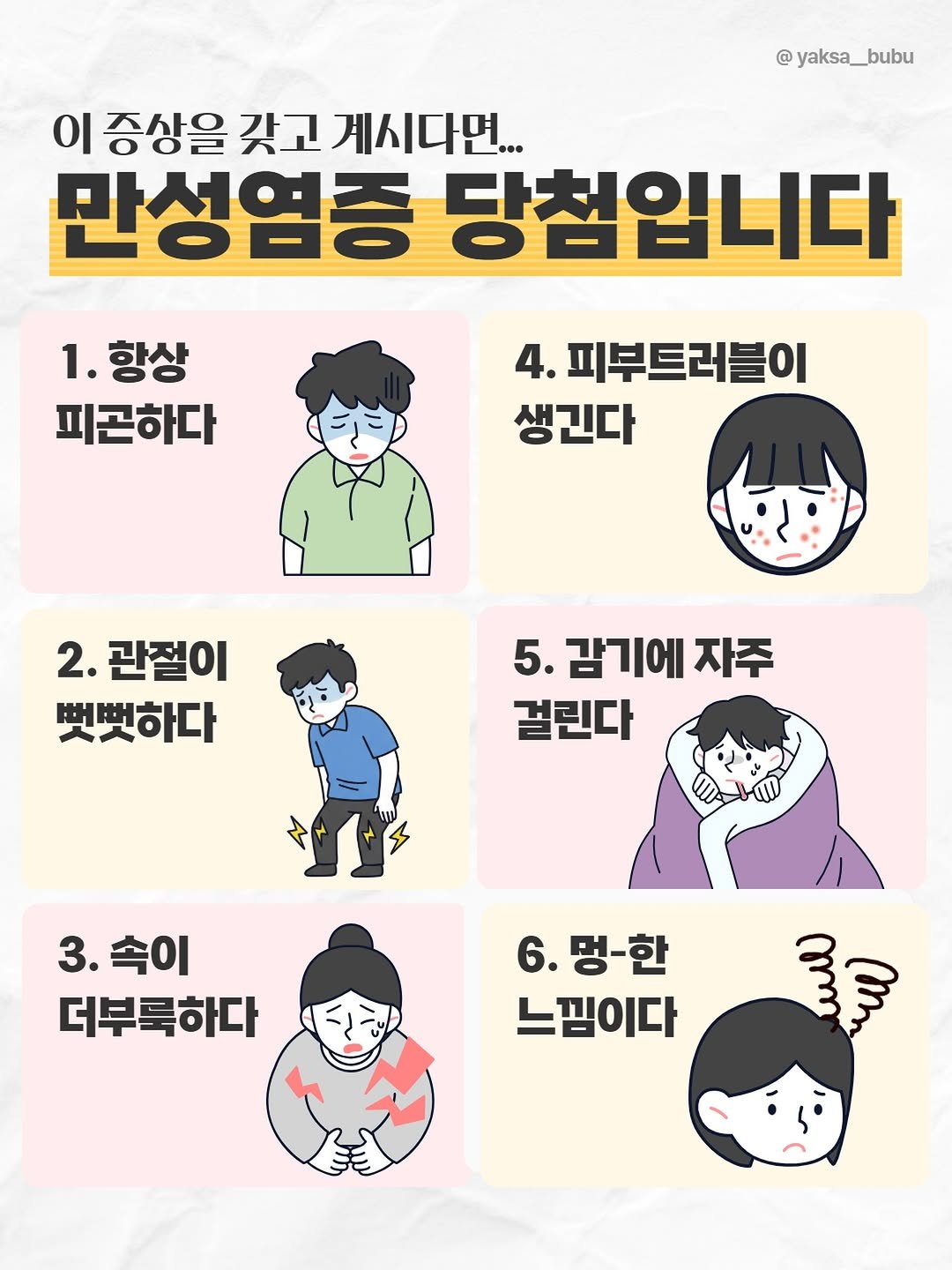 Photo by 육아정보 건강정보 | 약사부부 on December 10, 2025. May be an illustration of poster and text that says '@ yaksa__bubu 이 증상을 갖고 계시다면... 만성염증 당첨입니다 1. 항상 피곤하다 4. 피부트러블이 생긴다 2. 관절이 뼛뼛하다 5. 감기에 자주 걸린다 3.속이 3. 속이 더부룩하다 6. .멍-한 느낌이다 y ិន្លៃន O0'.