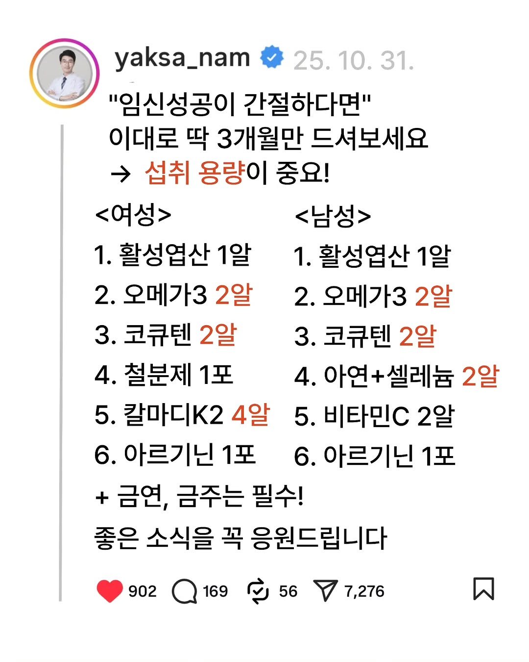 Photo by 남약사 l 건강에 희망을 드리는 남기헌 약사🍀 on October 30, 2025. May be a Twitter screenshot of text that says 'yaksa_nam 25. 25.10.31. 31. "임신성공이 간절하다면" 이대로 딱 3개월만 드셔보세요 → 섭취 용량이 중요! <여성> <남성> 1. 활성엽산 1알 1. .활성엽산 1알 2. 오메가3 2알 2. 오메가3 2알 3. 코큐텐 2알 3. 코큐텐 2알 4. 철분제 1포 4. 아연+셀레늄 2알 5. 칼마디K2 4알 5. 비타민C 2알 6. 아르기닌 1포 6. 아르기닌 1포 금연, 금주는 필수! 좋은 소식을 꼭 응원드립니다 902 169 56 7,276'.