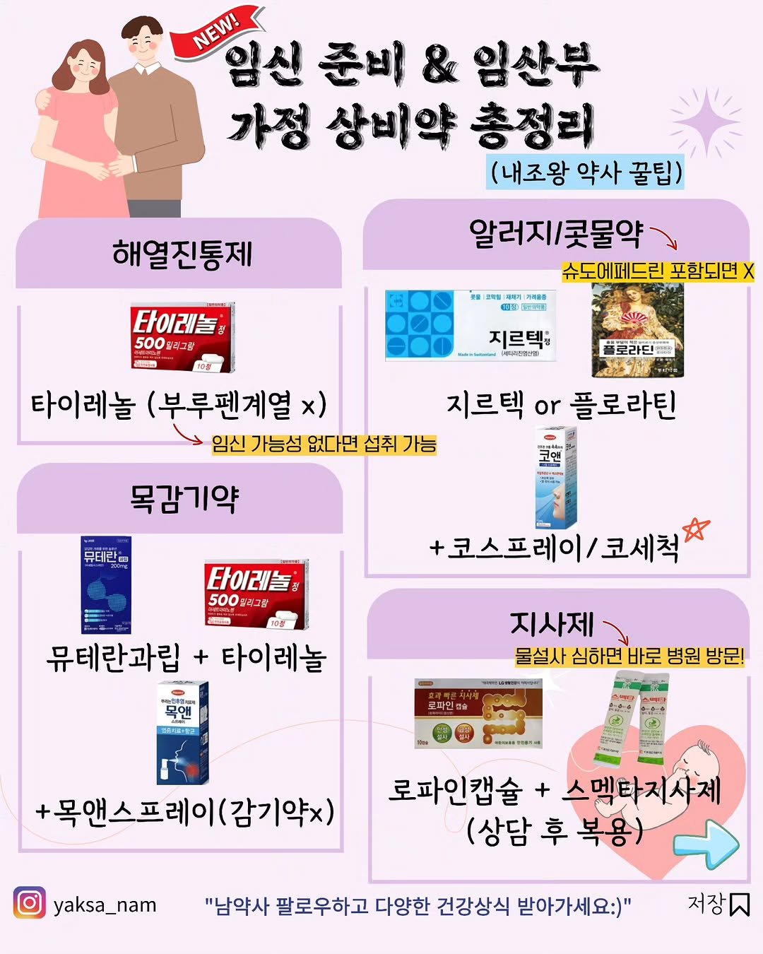 Photo by 남약사 l 건강에 희망을 드리는 남기헌 약사🍀 on November 10, 2025. May be an image of text that says 'NEW! 임신 준비 & 엄산부 가정 상비약 총정리 (내조왕 약사 꿀팁) 알러지/콧물약 슈도에페드린 포함되면X 1기|지 九の通号 １油 Beia 해열진통제 타이레놀 500일그 일리그룹 Vtnio 지르텍을 콜토라딘 타이레놀 (부루펜계열 x) 지르텍 지르텍0플로르 or 플로라틴 임신 가능성 없다면 섭취 섭취가능 가능 목감기약 뮤테란을 타어래놀 500 럭그림 +코스프레이/코세척 코세척 뮤테란과립 타이레놀 목앤 지사제- 물설사 심하면 바로 병원 방문! 로파인 GT.. 목앤스프레이(감기약X) (감기약x) 로파인캡슐 + 스멕타지시 (상담 卓 복용) yaksa_nam "남약사 팔로우하고 다양한 건강상식 받아가세요:)" 저장대'.