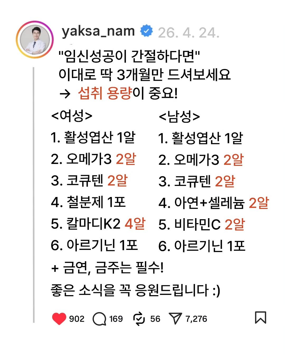 Photo by 남약사 l 임신 출산 육아 전문약사 l 남기헌 on April 24, 2026. May be a Twitter screenshot of text that says 'yaksa_nam 26. 26.4.24. 4. 24. "임신성공이 간절하다면" 이대로 딱 3개월만 드셔보세요 섭취 용량이 중요! <여성> <남성> 1. 활성엽산 1알 1. 활성엽산 1알 2. 오메가3 2알 2. 오메가3 2알 3. 코큐텐 2알 3. 코큐텐 2알 4. 철분제 1포 4. 아연+셀레늄 2알 5. 칼마디K2 4알 5. 비타민C 2알 6. 아르기닌 1포 6. 아르기닌 1포 금연, 금주는 필수! 좋은 소식을 꼭 응원드립니다:) 902 169 56 7,276'.