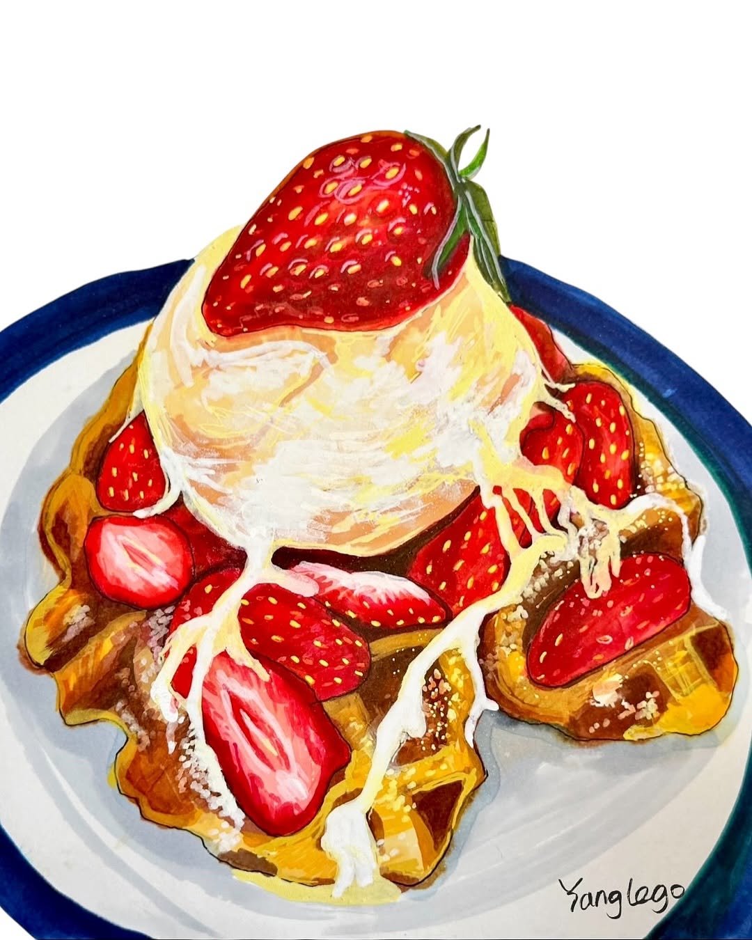 Photo shared by Yanglego | 그림ㅣ마카 드로잉 on February 11, 2026 tagging @yanglego_. May be an image of pancake, powdered sugar, strawberry and text.