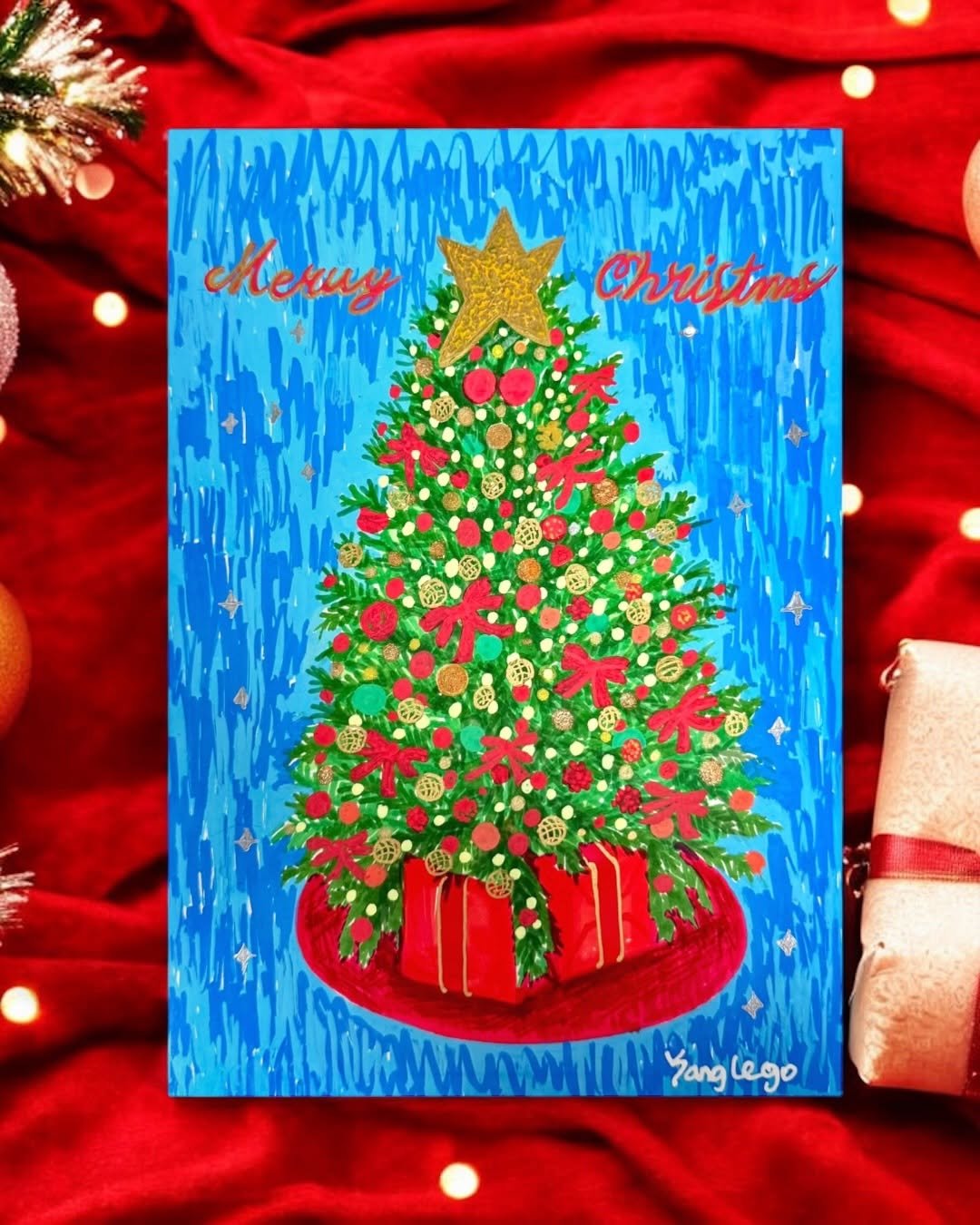 Photo by Yanglego | 그림ㅣ마카 드로잉 on December 11, 2025. May be an illustration of christmas tree, card, tinsel and text that says 'cheruy Christms NUAN Yanglego Yang lego'.