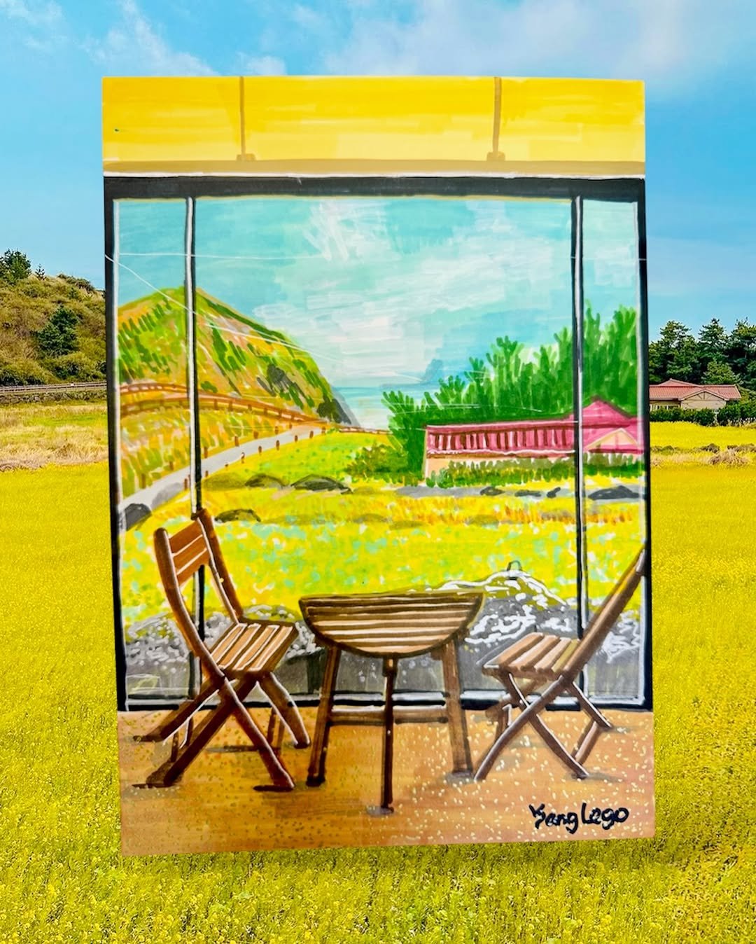 Photo shared by 양레고 YANGLEGO | 마카 아트 on April 26, 2026 tagging @hwabangnet. May be art of umbrella, deck chair, rocking chair, outdoors and text that says 'ጽለነችም ትስ mn Kang Sanglego KT Lego'.