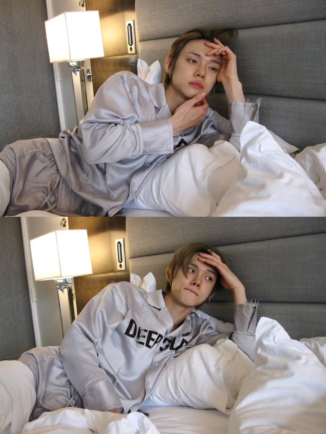 Photo by YEONJUN on October 30, 2025. May be an image of sleepwear, bed, robe, sweatpants, bath robe, bedroom and text.