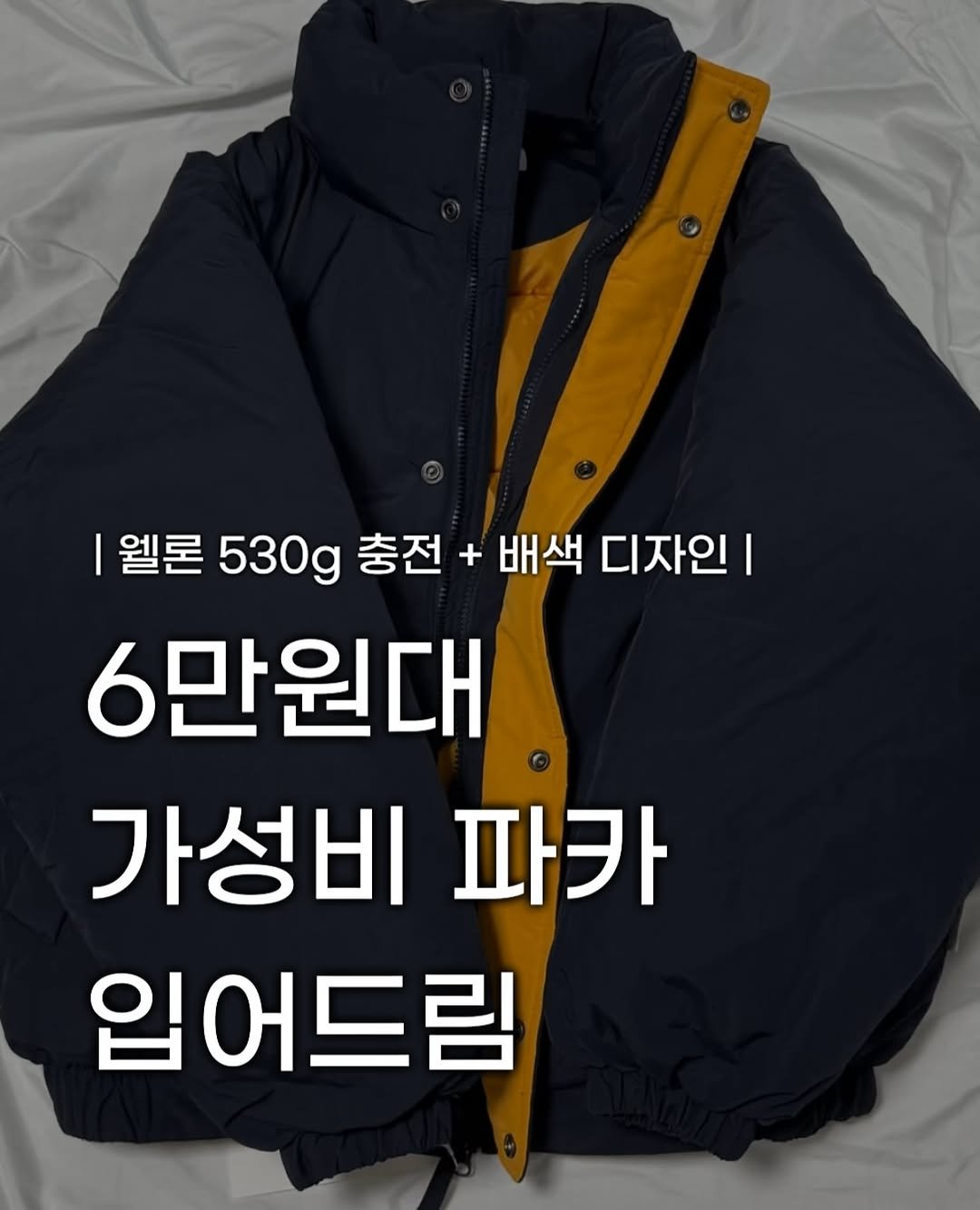 Photo by 장윤빈 | 언박싱•🍯정보 on November 06, 2025. May be an image of duffle coat, goosedown coat, parka, jacket and text that says '웰론 530g 충전 + 배색 디자인 I 6만원대 가성비 파카 입어드림'.