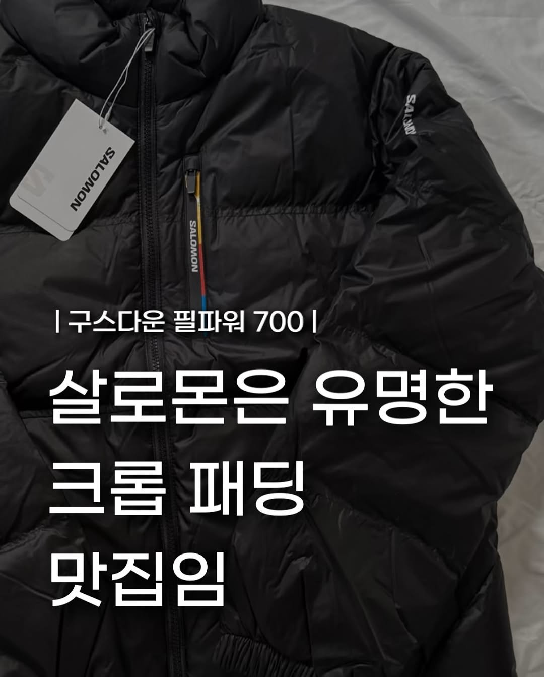 Photo by 장윤빈 | 언박싱•🍯정보 on November 04, 2025. May be an image of duffle coat, goosedown coat, parka, jacket and text that says 'ហូ SALNY JATD ហ មទមន SAWANNN AE |구스다운 필파워 700| 살로몬은 유명한 크롭패딩 크롭 패딩 맛집임'.