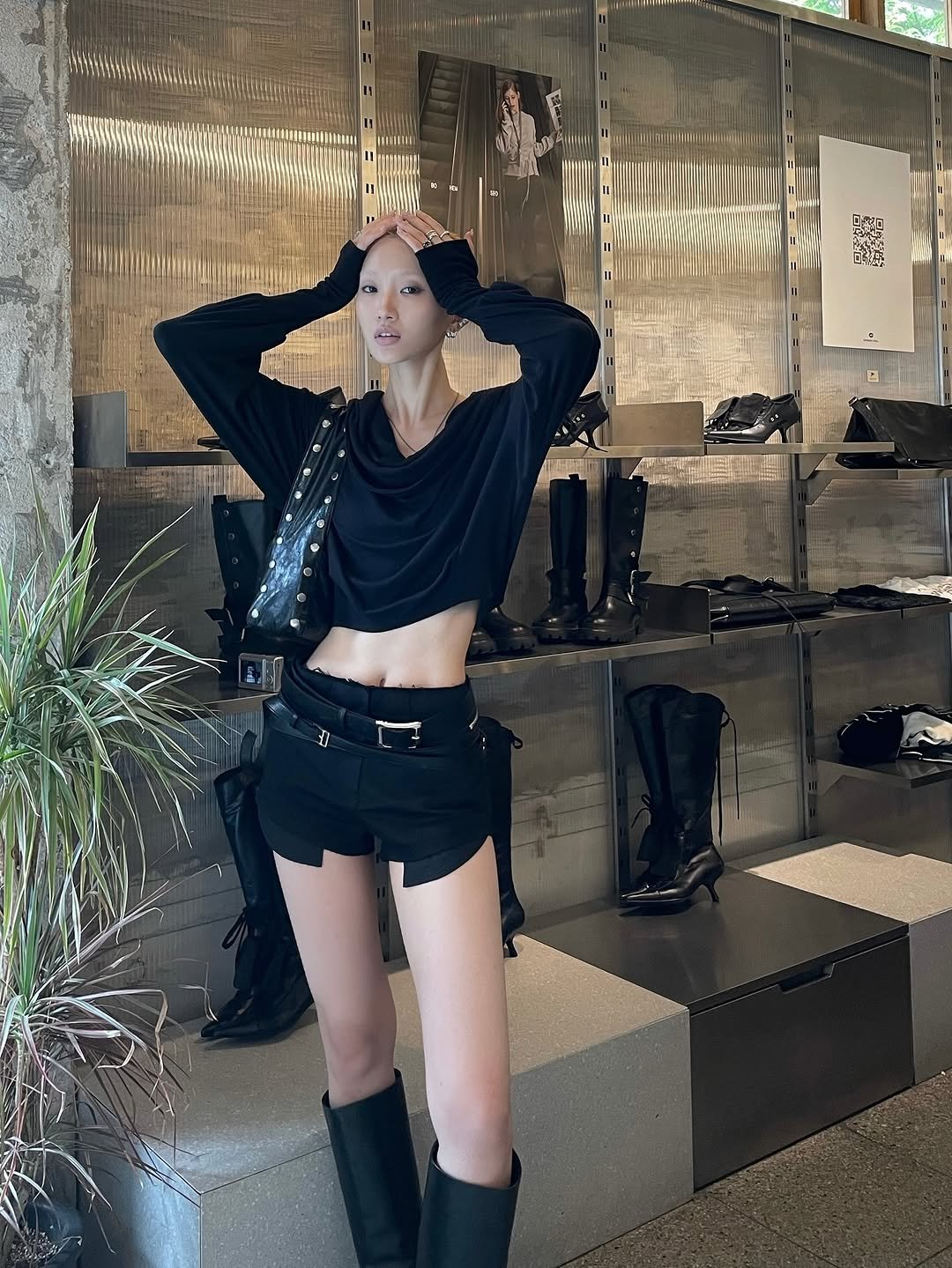 Photo shared by Yein on September 17, 2025 tagging @diagonal.official, and @bohemian_seoul. May be an image of 1 person, miniskirt, boots and text.