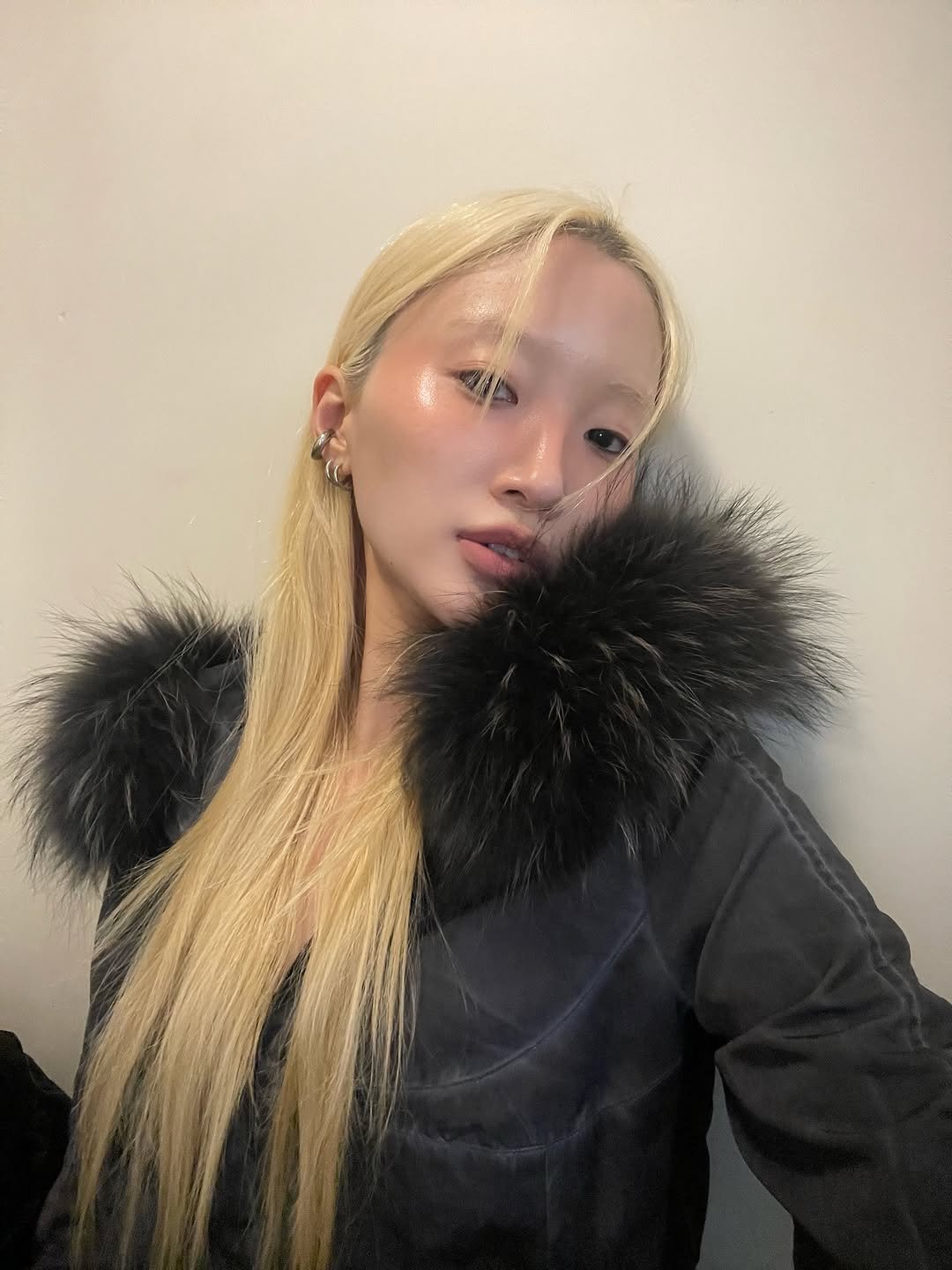 Photo by Yein on December 18, 2025. May be an image of one or more people, braids, blonde hair, makeup, goosedown coat, sable coat, turtleneck and text.