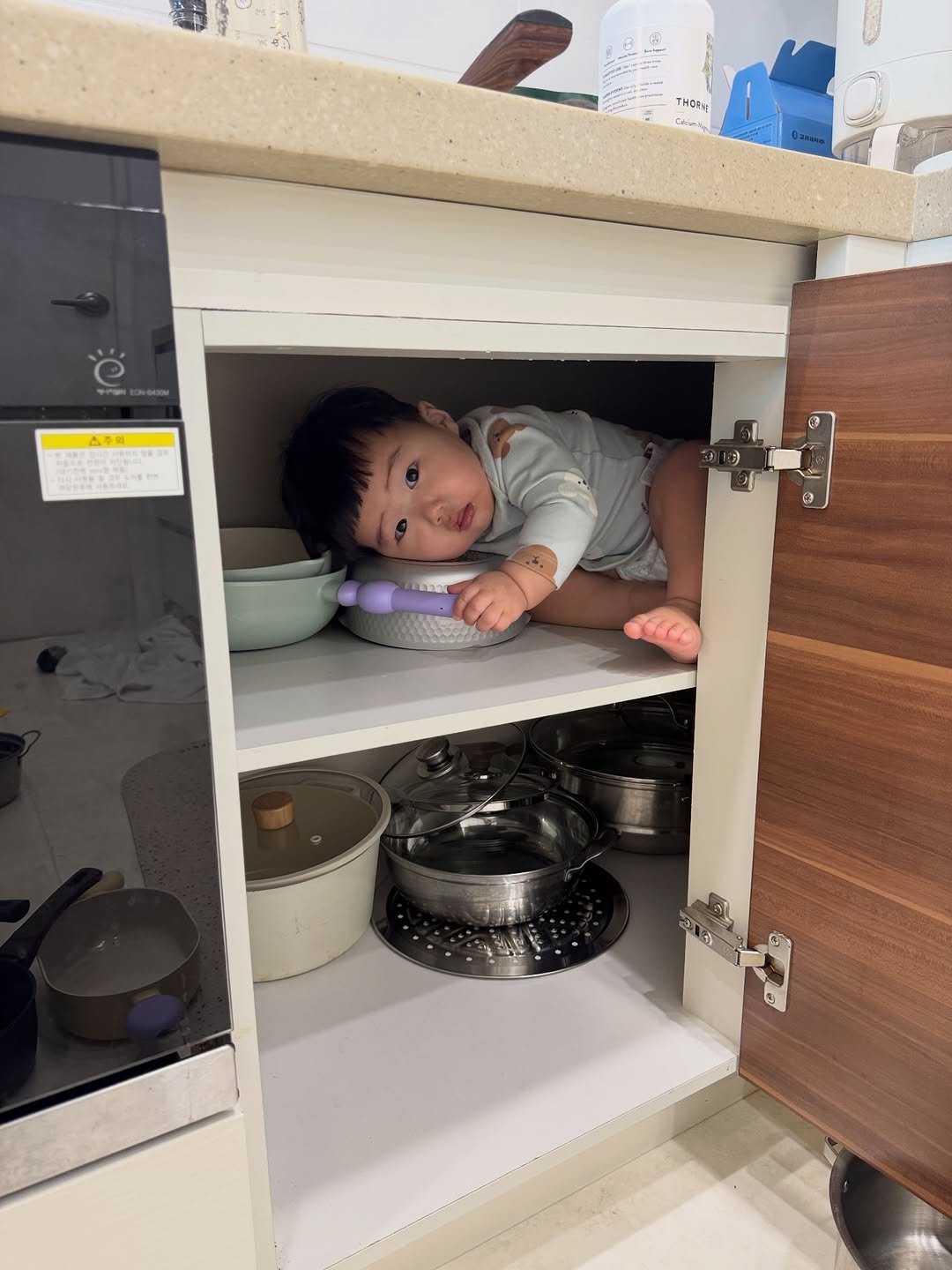 Photo by 김예빈(예블리즈) on January 05, 2026. May be an image of baby, dishwasher, cabinet, cooker, kitchen and text.