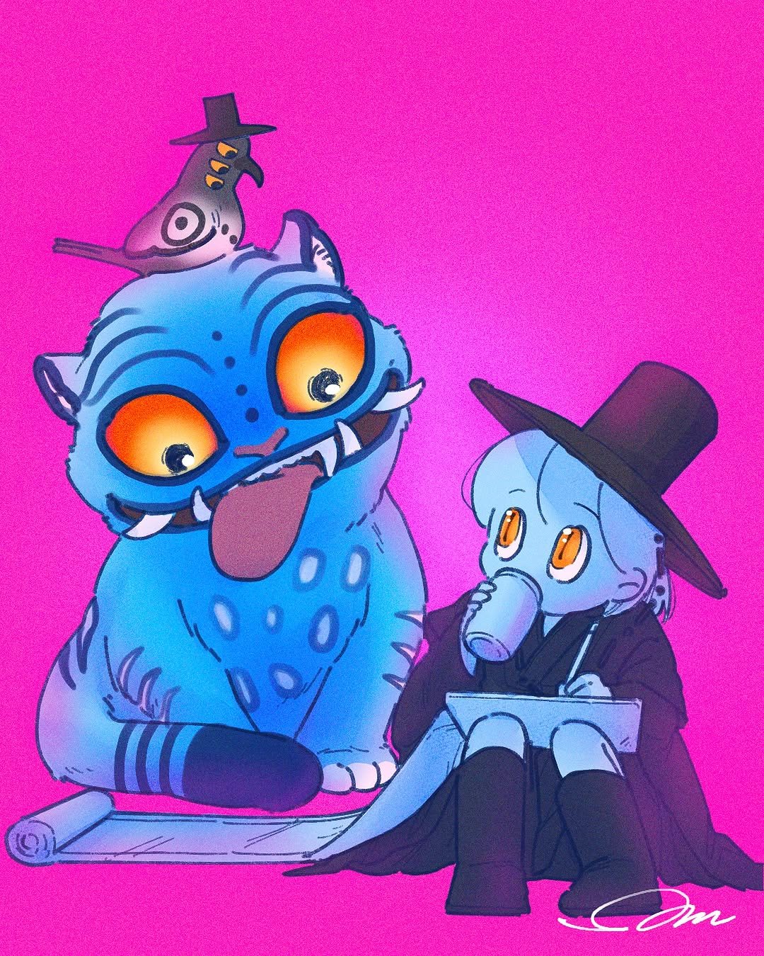 Photo by Kim som on June 25, 2025. May be an illustration of owl, scarecrow, bowler hat and text.