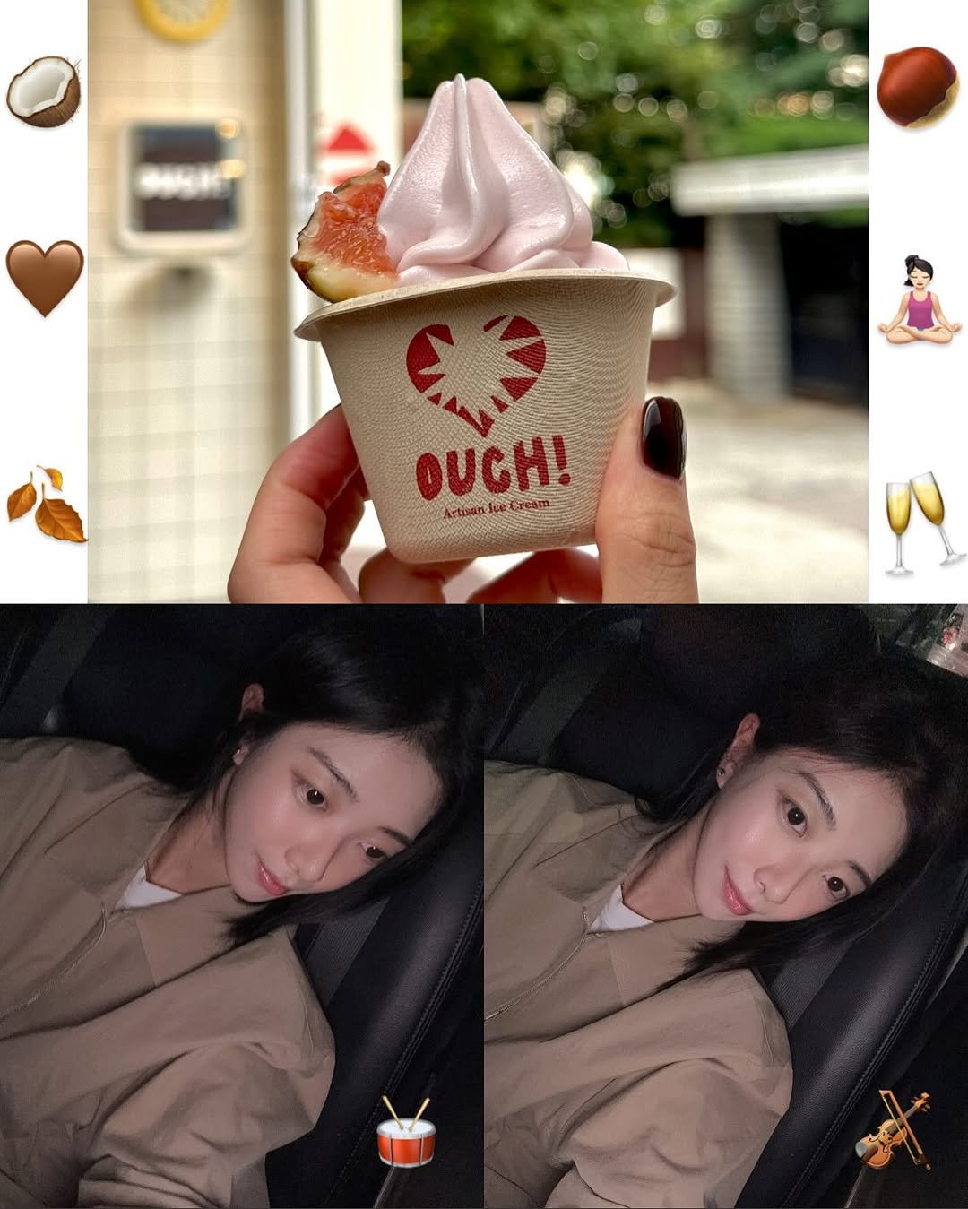 Photo shared by 김예은 on October 02, 2025 tagging @ugh.lots.you. May be an image of 2 people, gelato, ice cream, duffle coat, wafer and text.