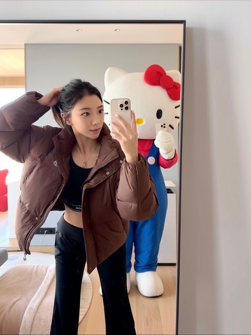 Photo shared by 김예은 on November 10, 2025 tagging @sergiotacchini_kr. May be a selfie of phone, goosedown coat, duffle coat, parka, flight jacket, mirror and text.