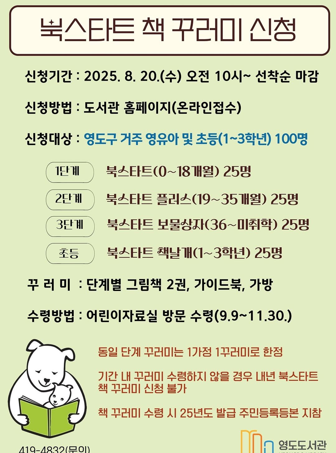 Photo by 영도도서관 on August 13, 2025. May be an image of pie and text that says '북스타트 책 꾸러미 신청 신청기간: 2025. 20.0 (수) 오전 10시~ 선착순 마감 신청방법 도서관 홈페이지(온라인접수) (온라인접수) 신청대상 영도구 거주 영유아 및 초등(1 초등(1~3학년) 100명 1단계 2단계 3단계 북스타트(0 스타트(0~18개월) ~187개월) 25명 북스타트 플리스(19~35개월) 25명 북스타트 보물상자(36~ 보물상지 미취학 25명 북스타트 책날개(1~3학년) 3학년) 25명 초등 꾸러미 단계별 그림책 2권, 가이드북, 가방 수령방법: 어린이자료실 방문 수령(9.9~11.30.) 11.30.) 동일 단계 꾸러미는 1가정 1꾸러미로 한정 기간 내 꾸러미 수령하지 않을 경우 내년 북스타트 책 꾸러미 신청 불가 책 꾸러미 수령 시 25년도 발급 주민등록등본 지참 419-4832(무이) 영도도서관'.