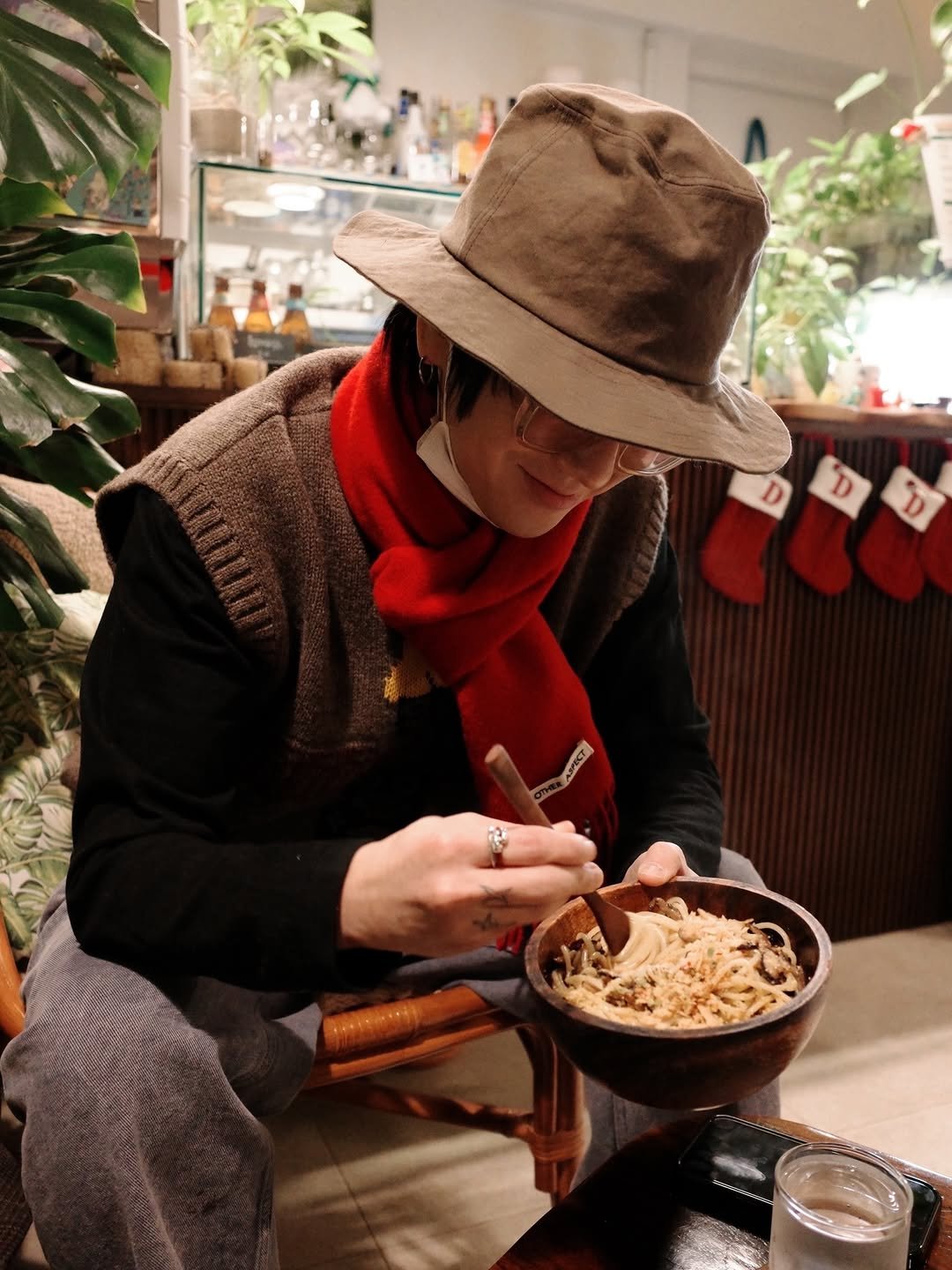 Photo shared by Yesung on December 28, 2025 tagging @yesung_smtown. May be an image of pasta, duffle coat, hat, chopsticks, spaghetti, bowler hat and text.