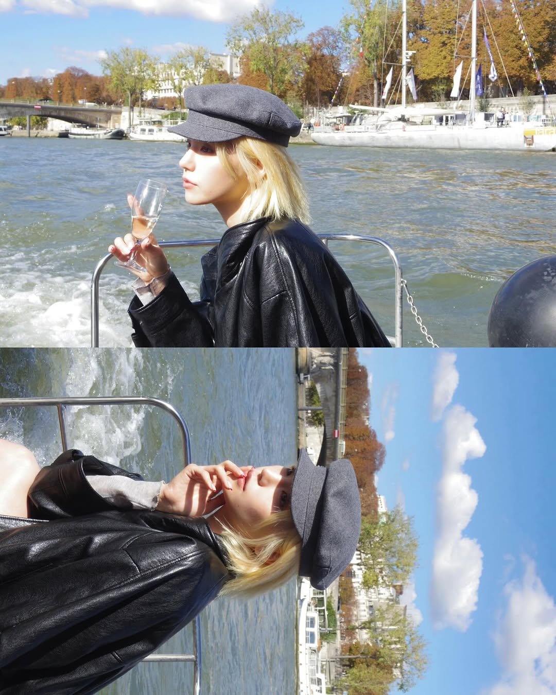 Photo by YEJI on October 02, 2025. May be an image of 2 people, people smoking, cigarette, parka, beret, houseboat and text.