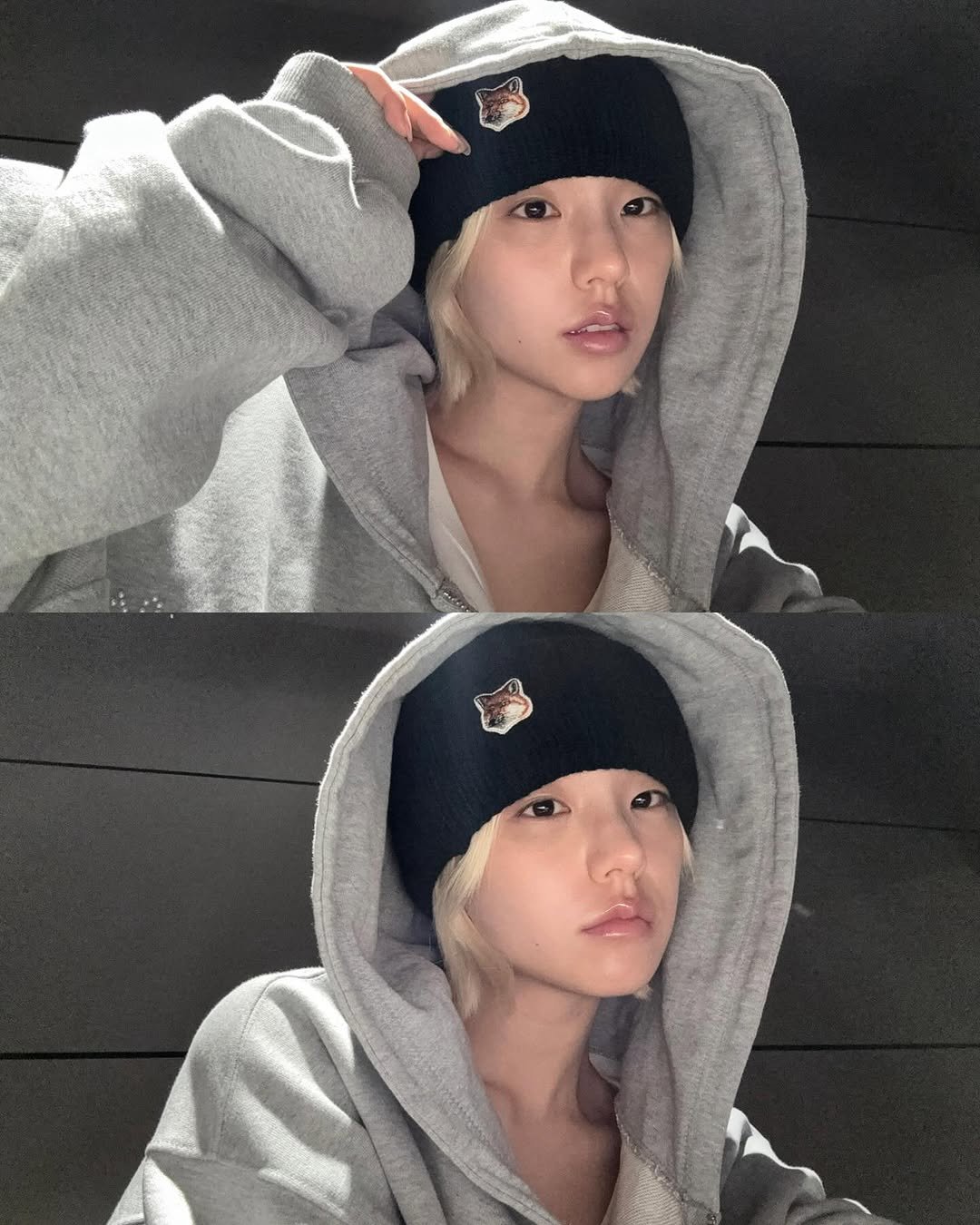 Photo by YEJI on November 03, 2025. May be an image of one or more people, blonde hair, duffle coat, hat, face mask, parka, sweatshirt and text.