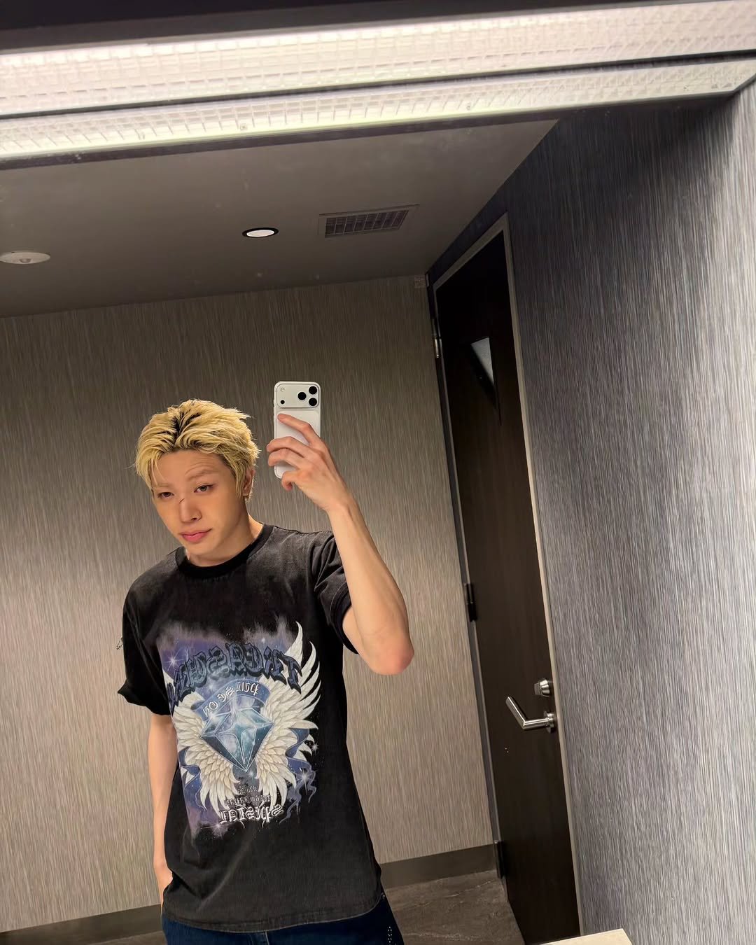 Photo by TREASURE (트레저) on January 12, 2026. May be a selfie of one or more people, blonde hair, bandanna, mirror and text.