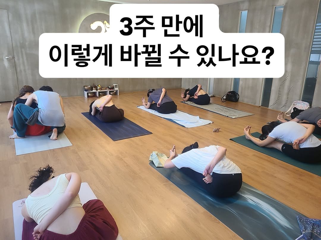 Photo by 최연재 • 아쉬탕가 안내자 | 유솜 요가지도자과정 RYT200 on September 23, 2025. May be an image of 6 people, people practicing yoga and text that says 'ጉ 3주 만에 이렇게 바뀔 수 있나요?'.
