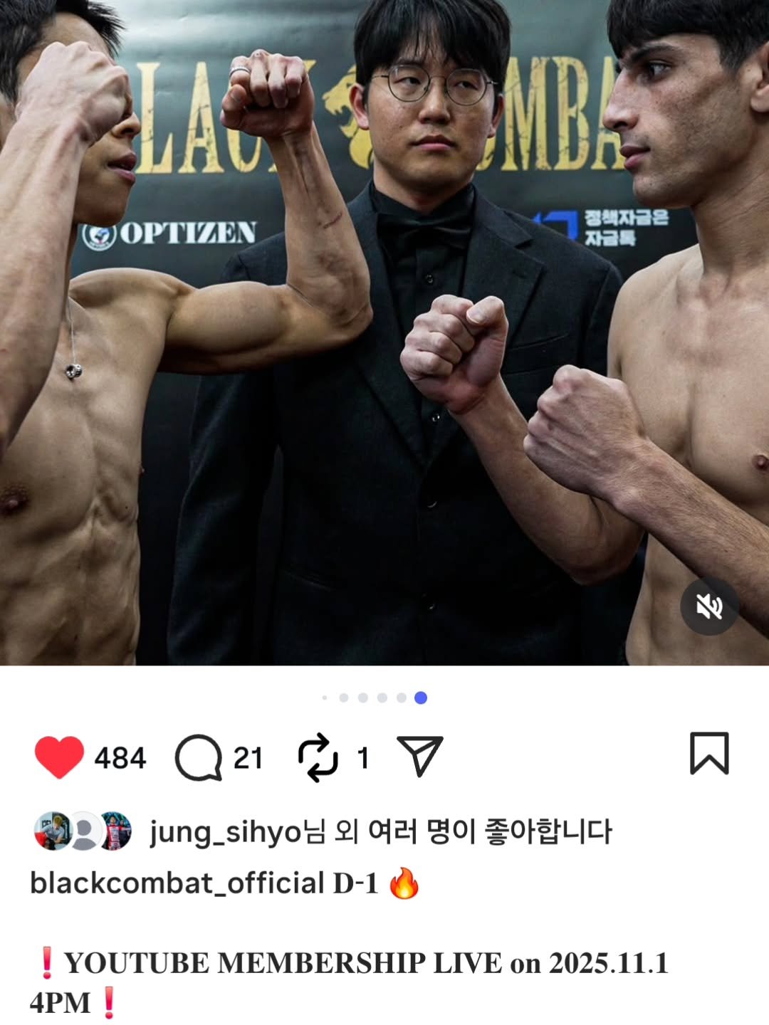 Photo shared by 킥복싱.주짓수.MMA | 양주투혼정심관 on October 31, 2025 tagging @fighter_salman_khan. May be a Twitter screenshot of ‎text that says '‎LAC OPTIZEN <.평해자글은 정해자글은 자급특 484 21 لم 1 jung_sihyo 외 여러 명이 좋아합니다 blackcombat_official D-1 ! YOUTUBE MEMBERSHIP LIVE on 2025.11.1 4PM !‎'‎.