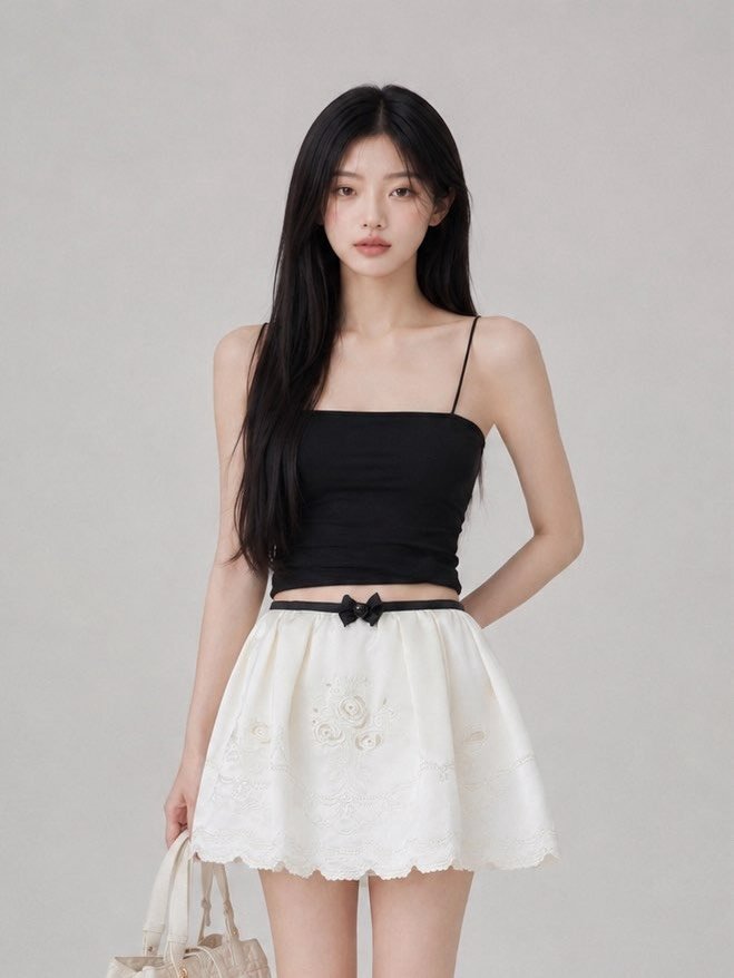 ymeow_com 게시물 이미지: 은은한 플레어 라인과 자수 디테일이 포인트인 미니 스커트. 
가볍게 퍼지는...
